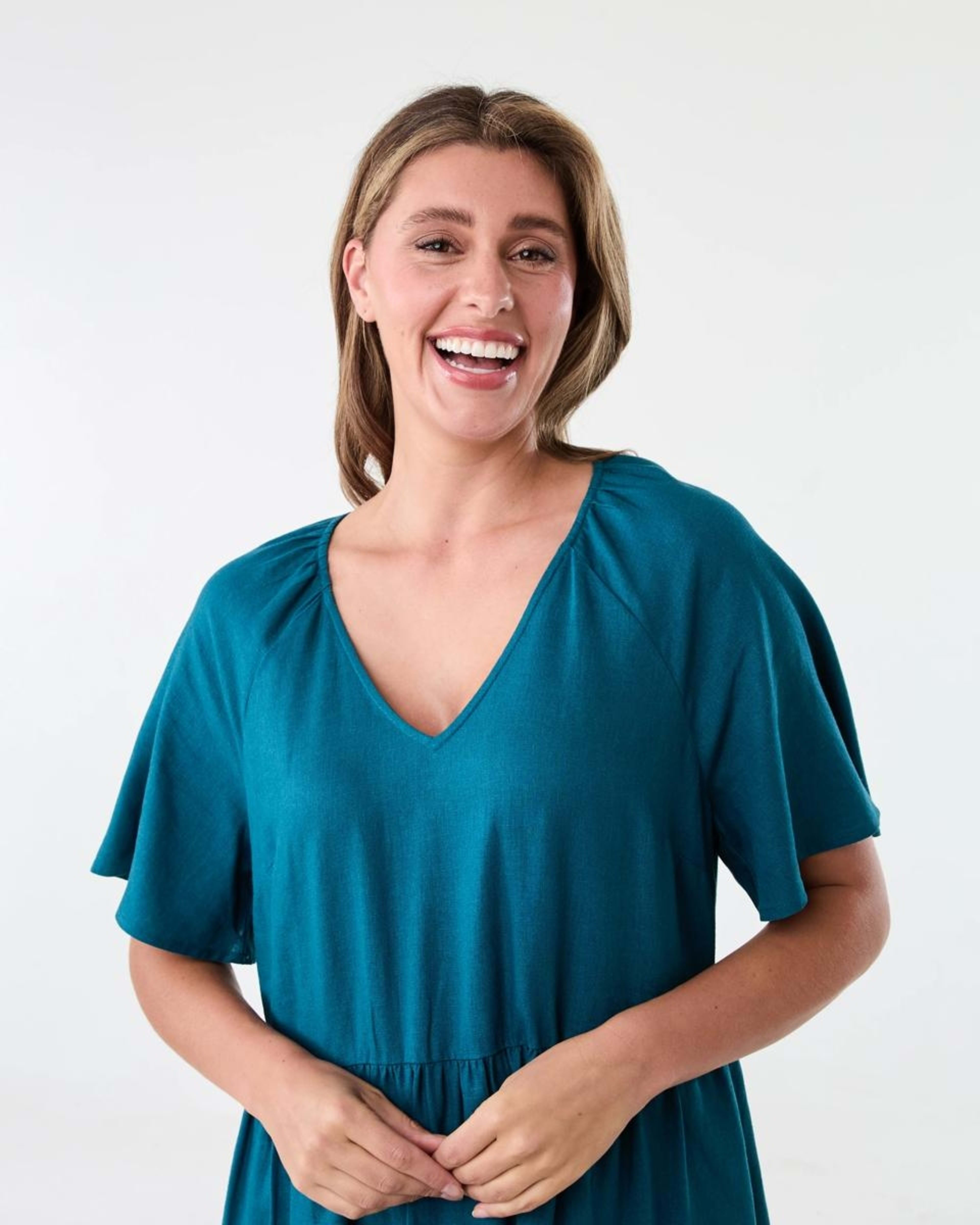 4 Short Sleeve Linen Blend Tiered Mini Dress Teal Coral, 4 of 9