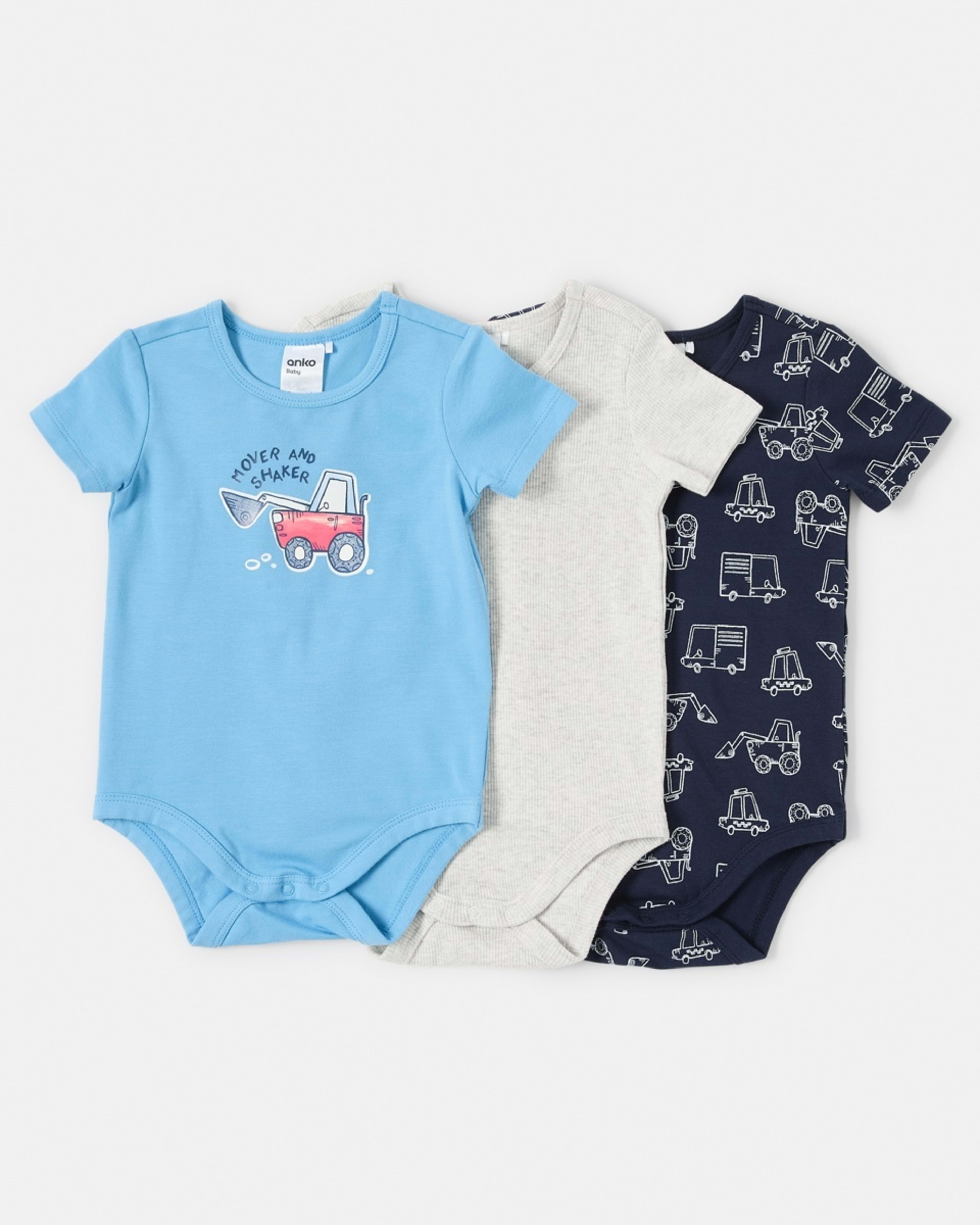 1 3 Pack Short Sleeve Bodysuits Digger, 1 of 8