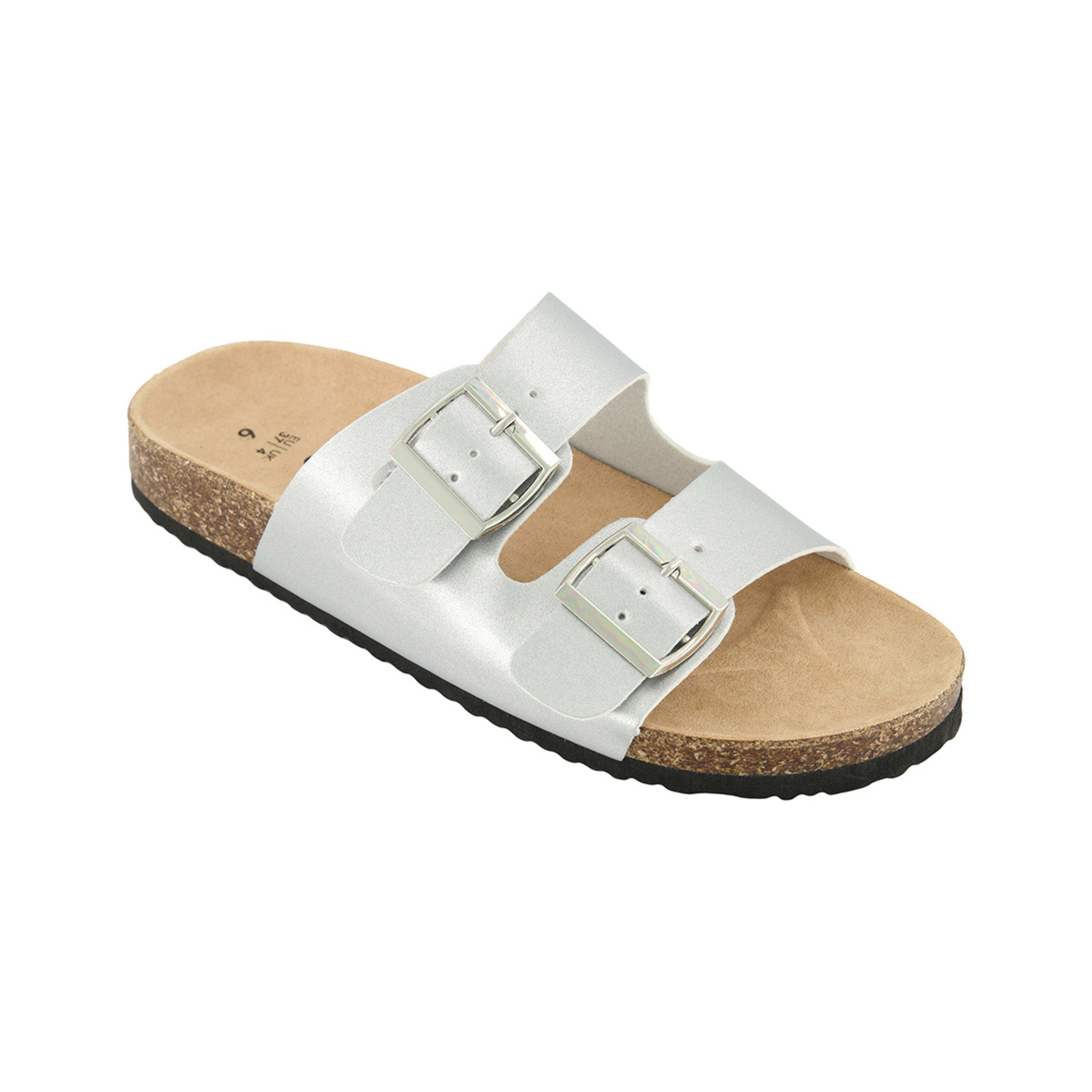 1 Double Buckle Footbed Slides Silver, 1 of 3