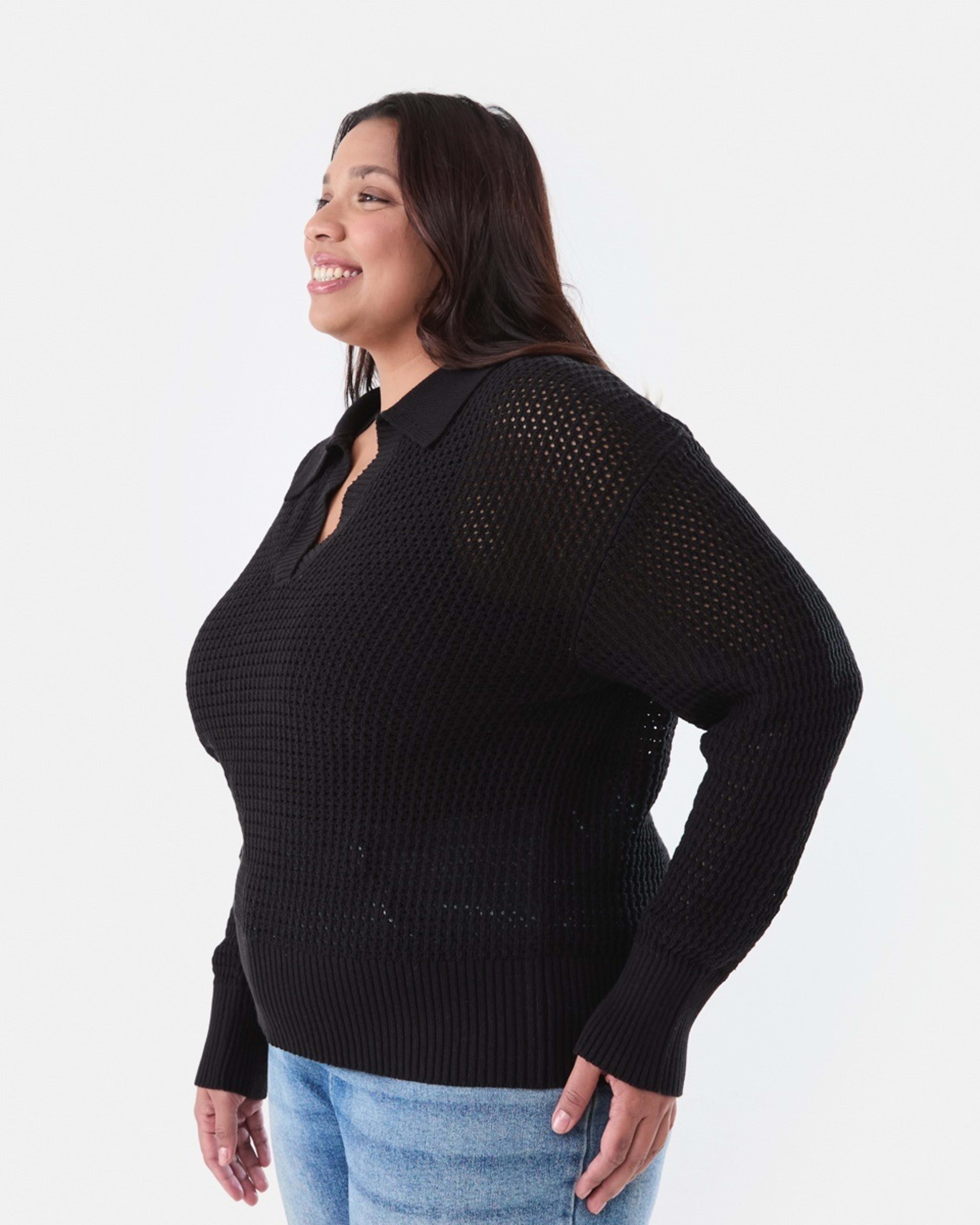 2 Curve Crochet Knit Polo Jumper BLACK, 2 of 5