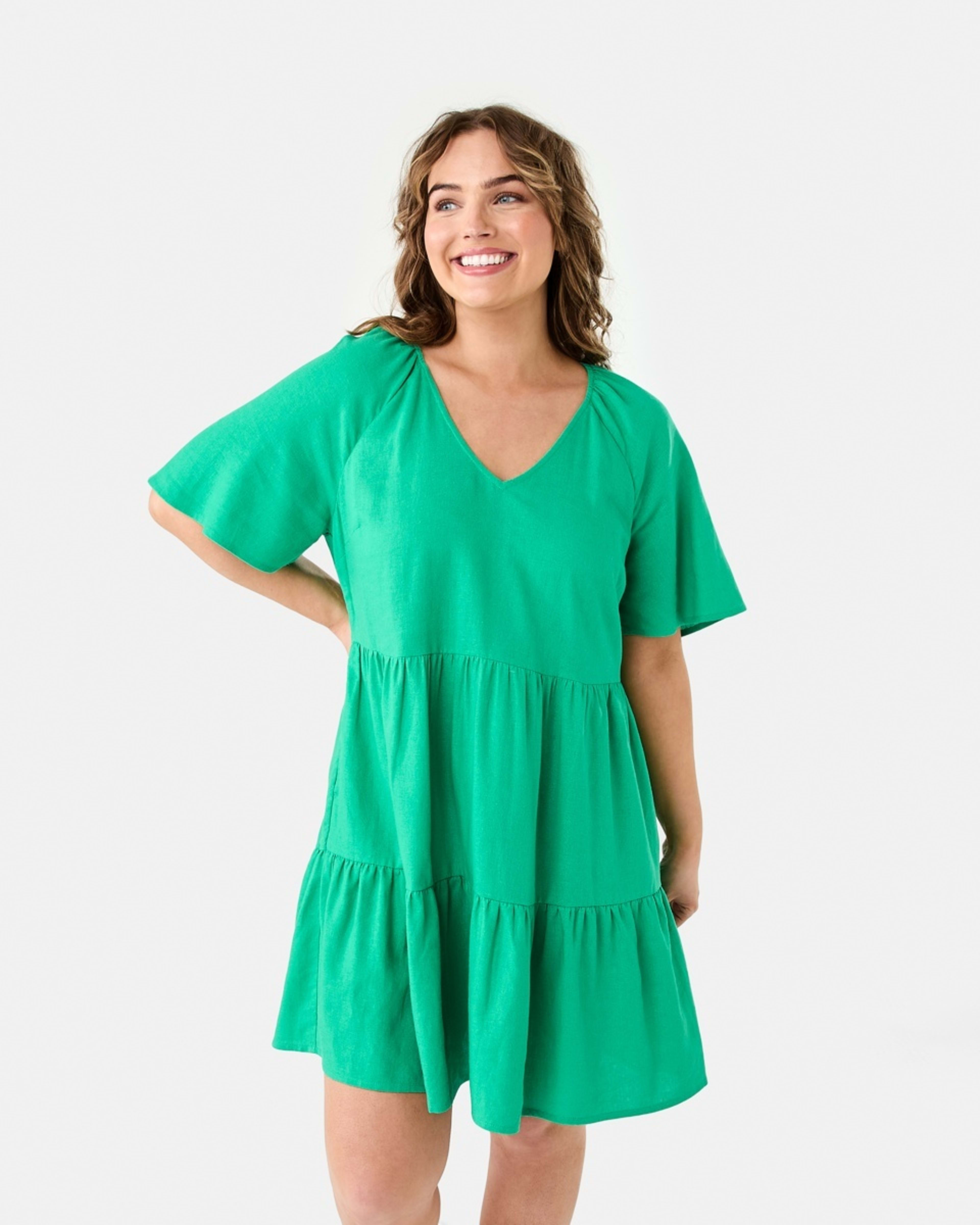 1 Short Sleeve Linen Blend Tiered Mini Dress SIMPLY GREEN, 1 of 10