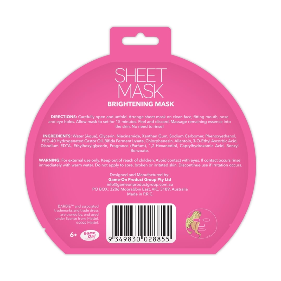 Barbie Brightening Sheet Mask 20ml Sweet Peach Scent Kmart NZ