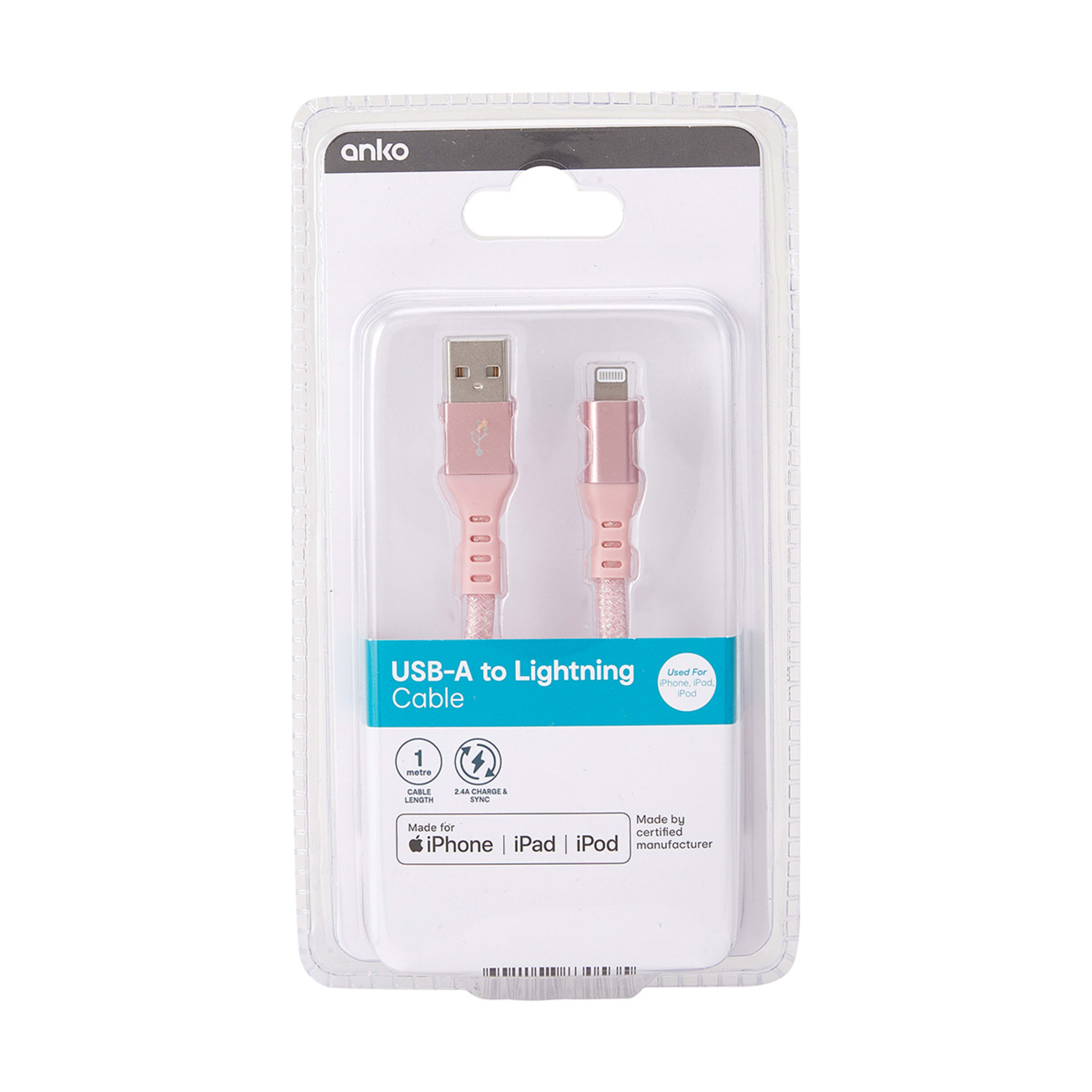 USB Lightning Metal Cable 1m Pink Kmart
