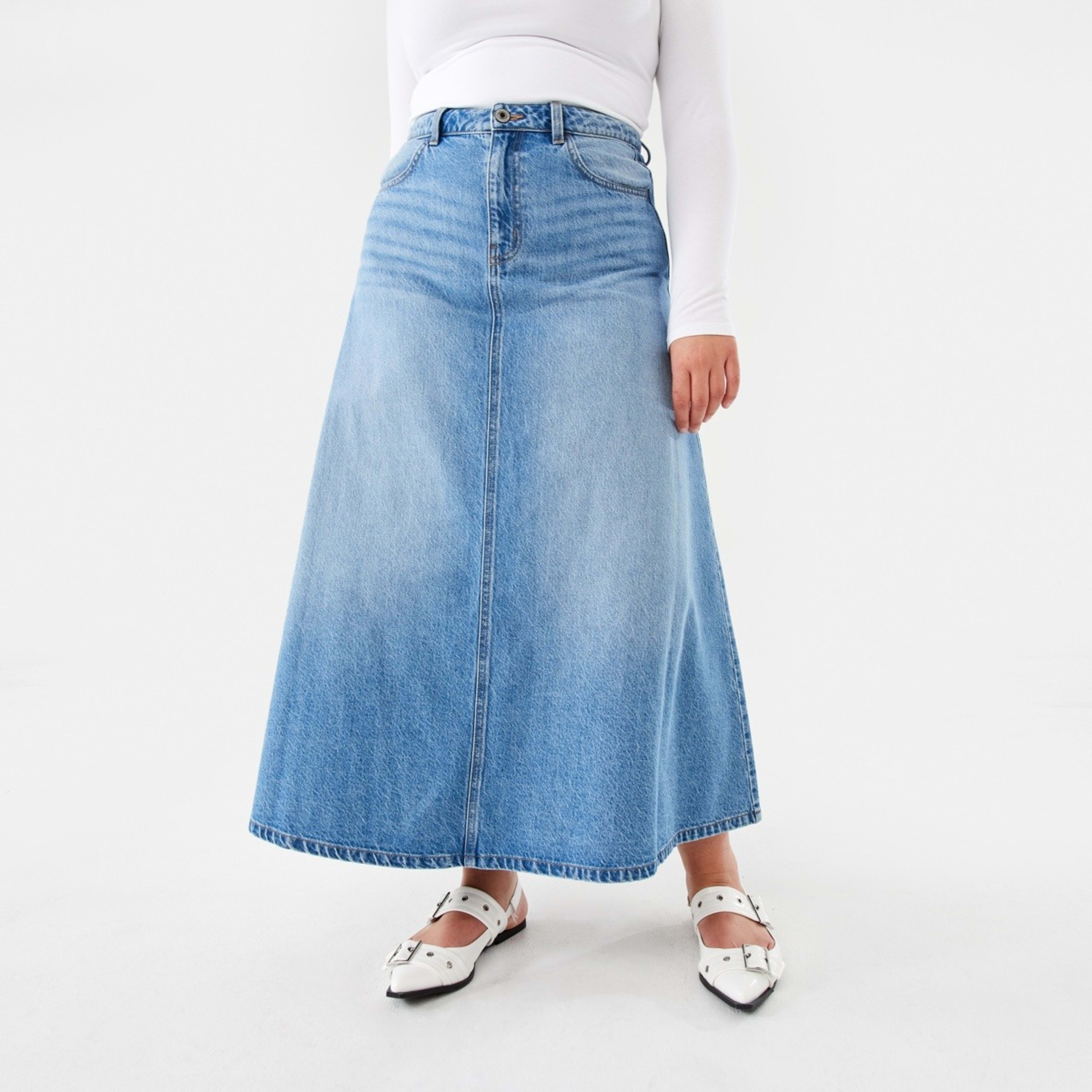 1 Denim A-Line Maxi Skirt Mid Wash, 1 of 9