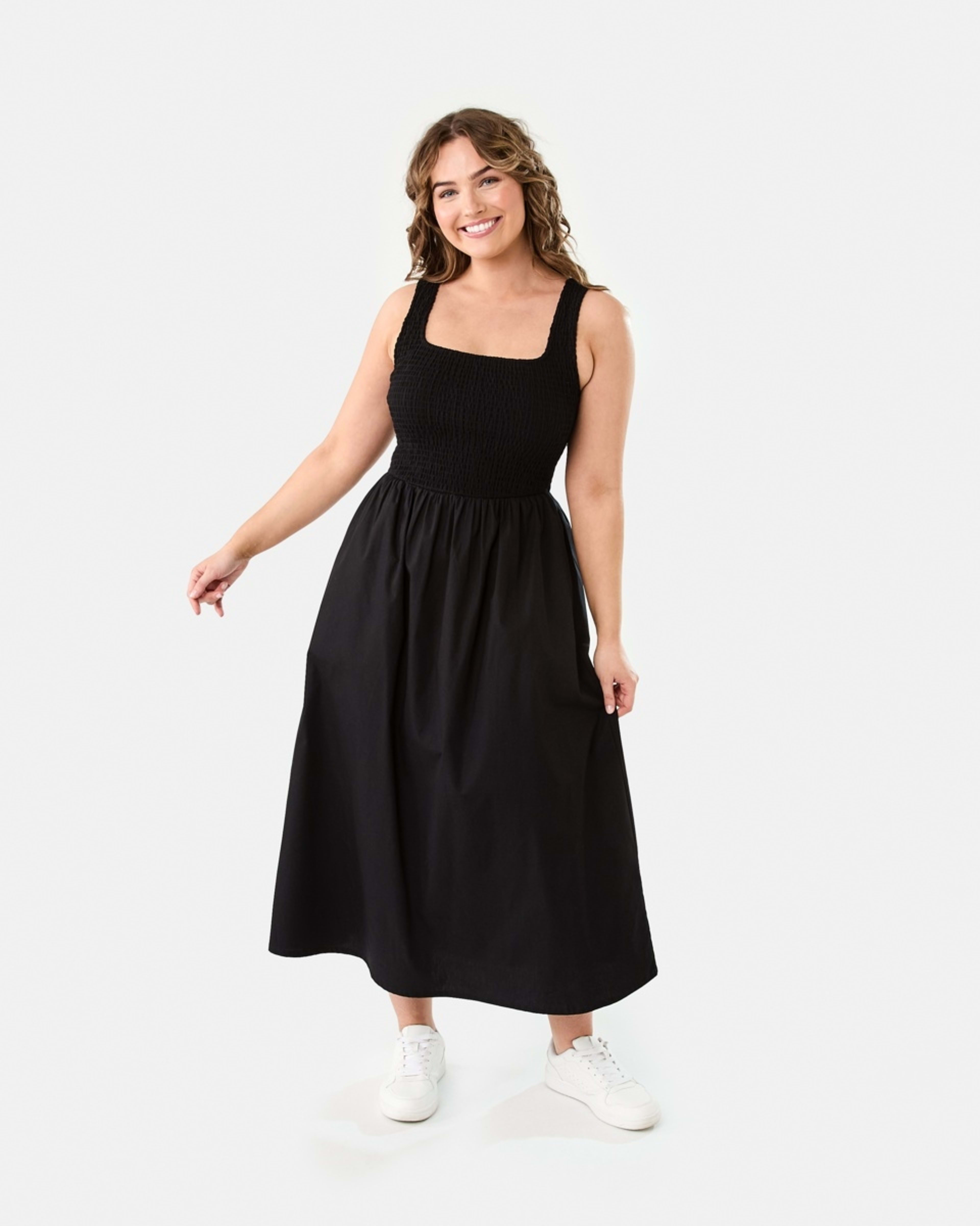 1 Sleeveless Shirred Knit Woven Midi Dress BLACK, 1 of 8
