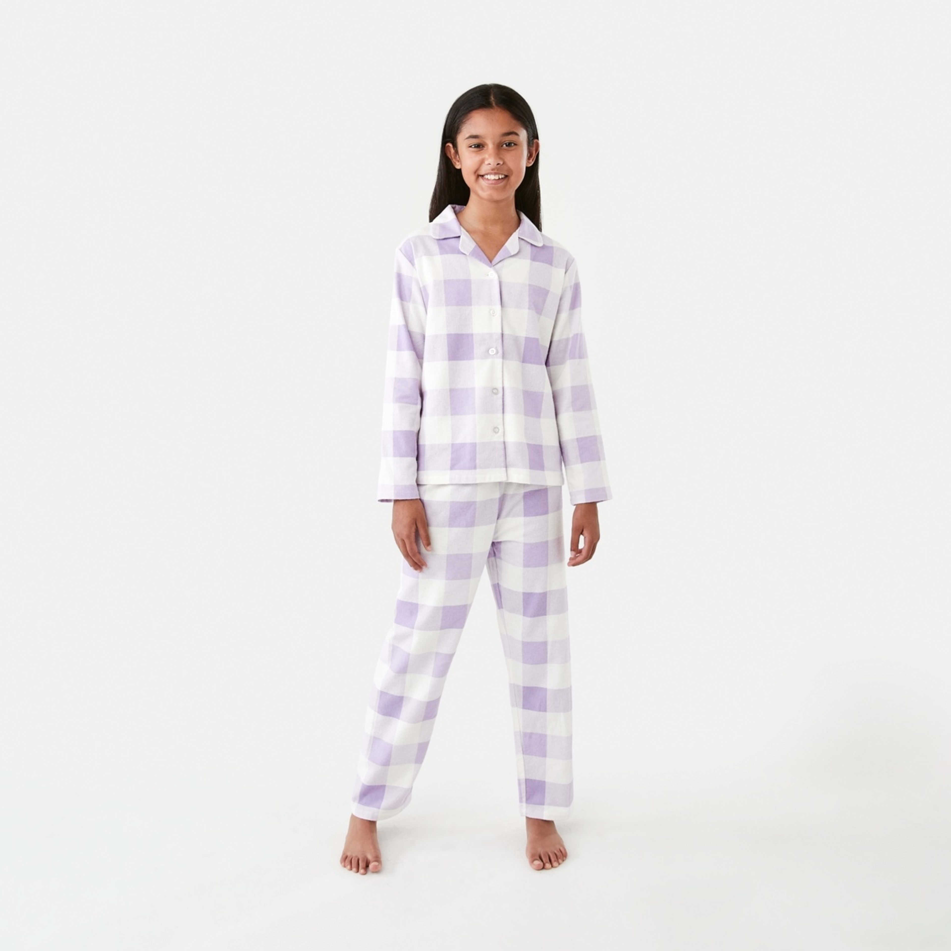 1 Flannelette Pyjama Set Purple Checks, 1 of 9