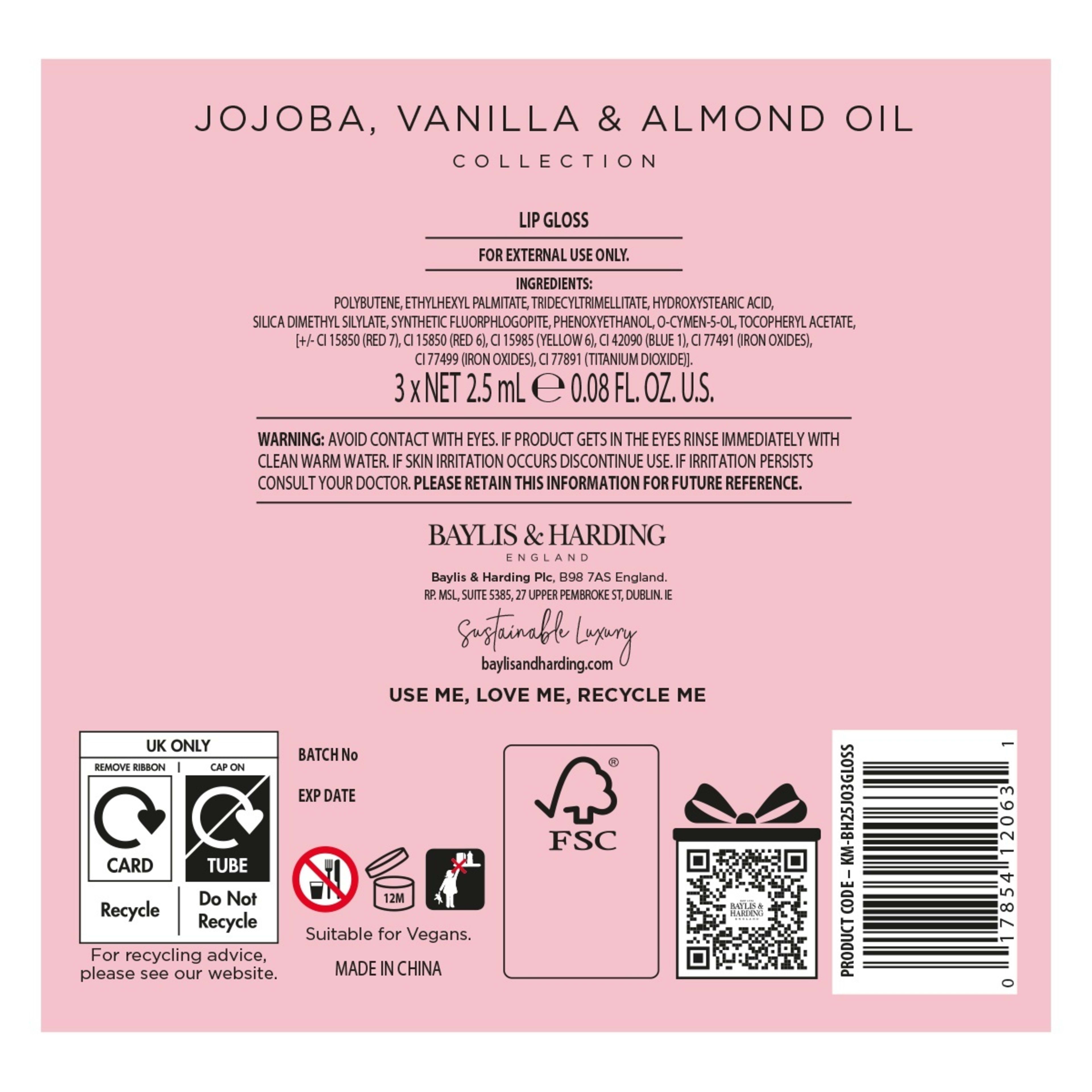 3 Baylis & Harding Signature Collection Glossy Lip Trio - Jojoba, Vanilla and Almond Oil, 3 of 4