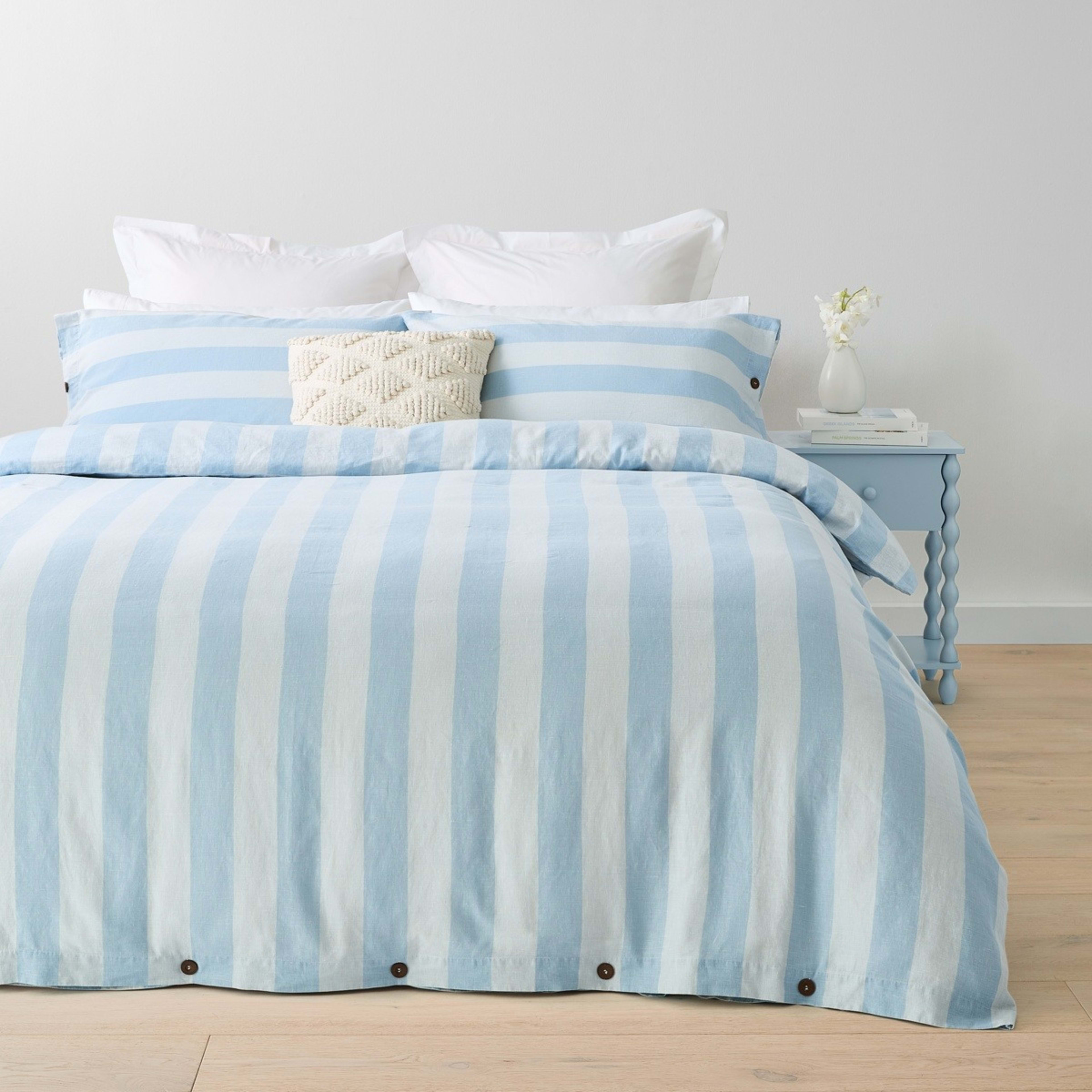 1 Stripe Linen Cotton Quilt Cover Set - Queen Bed, Blue