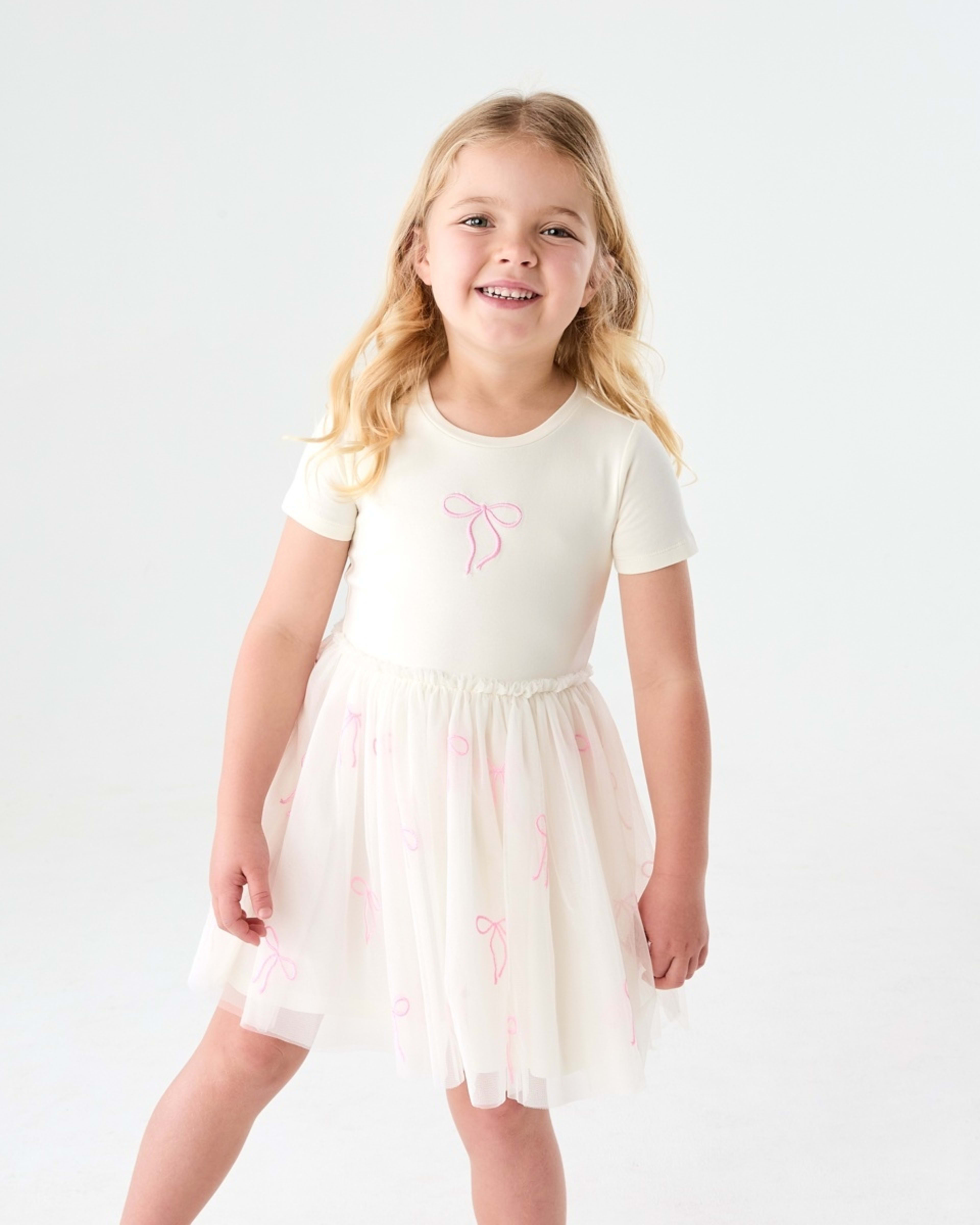 1 Short Sleeve Tutu Dress RIBBON BOW EMB BUTTER BIEGE, 1 of 8