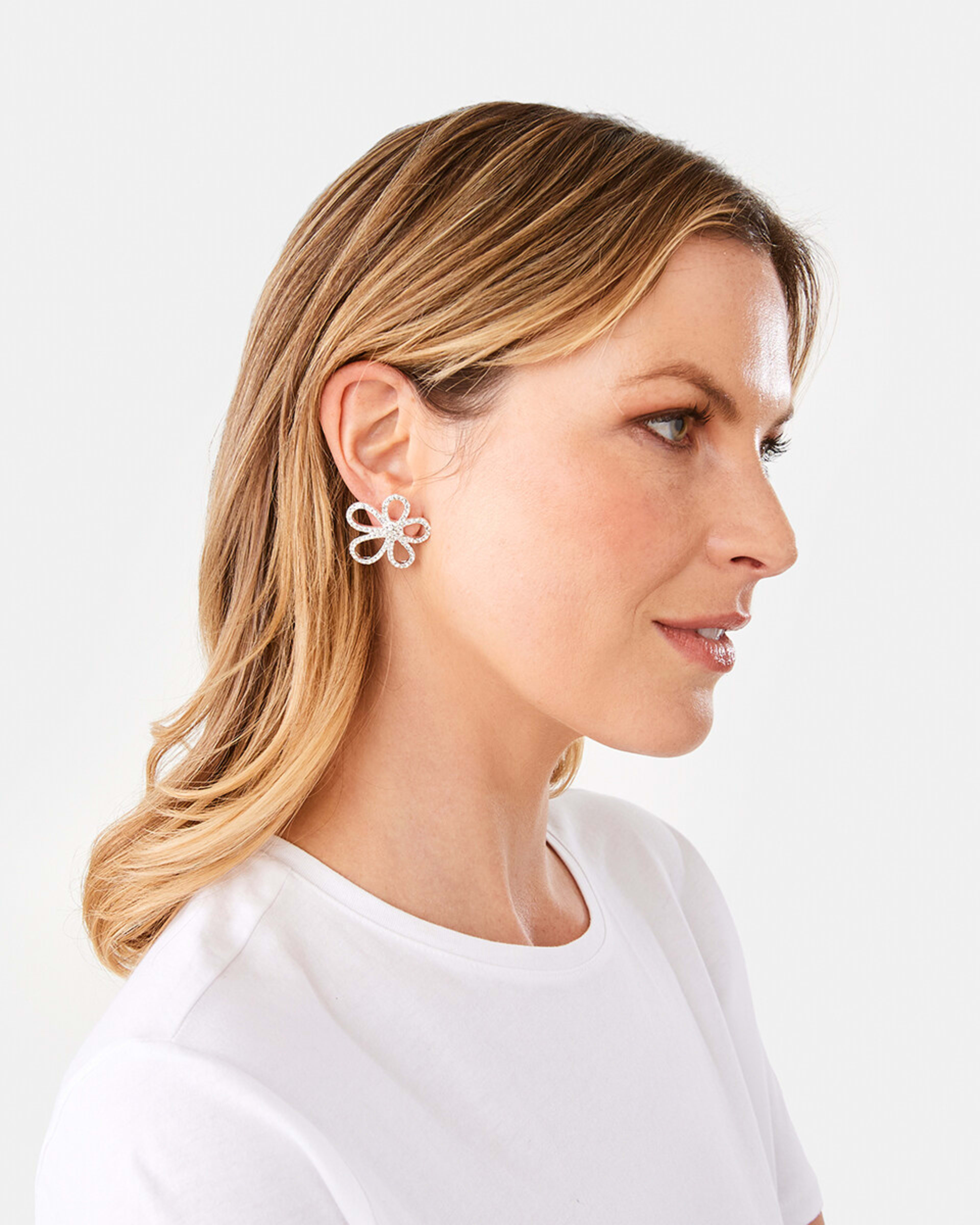 4 Diamante Flower Stud Earrings - Silver Tone Silver, 4 of 5