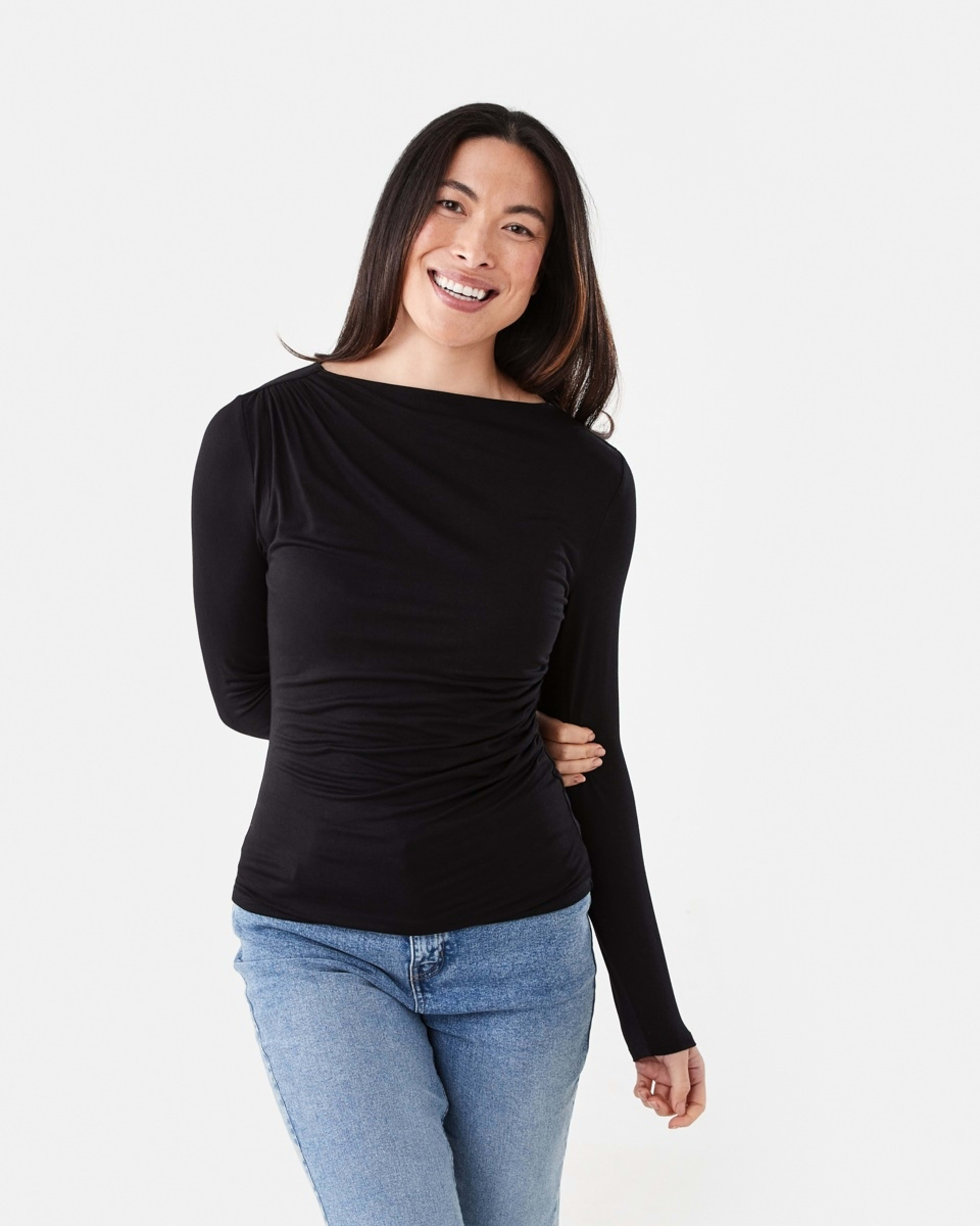 1 Long Sleeve Ruched Shoulder Top Black, 1 of 6