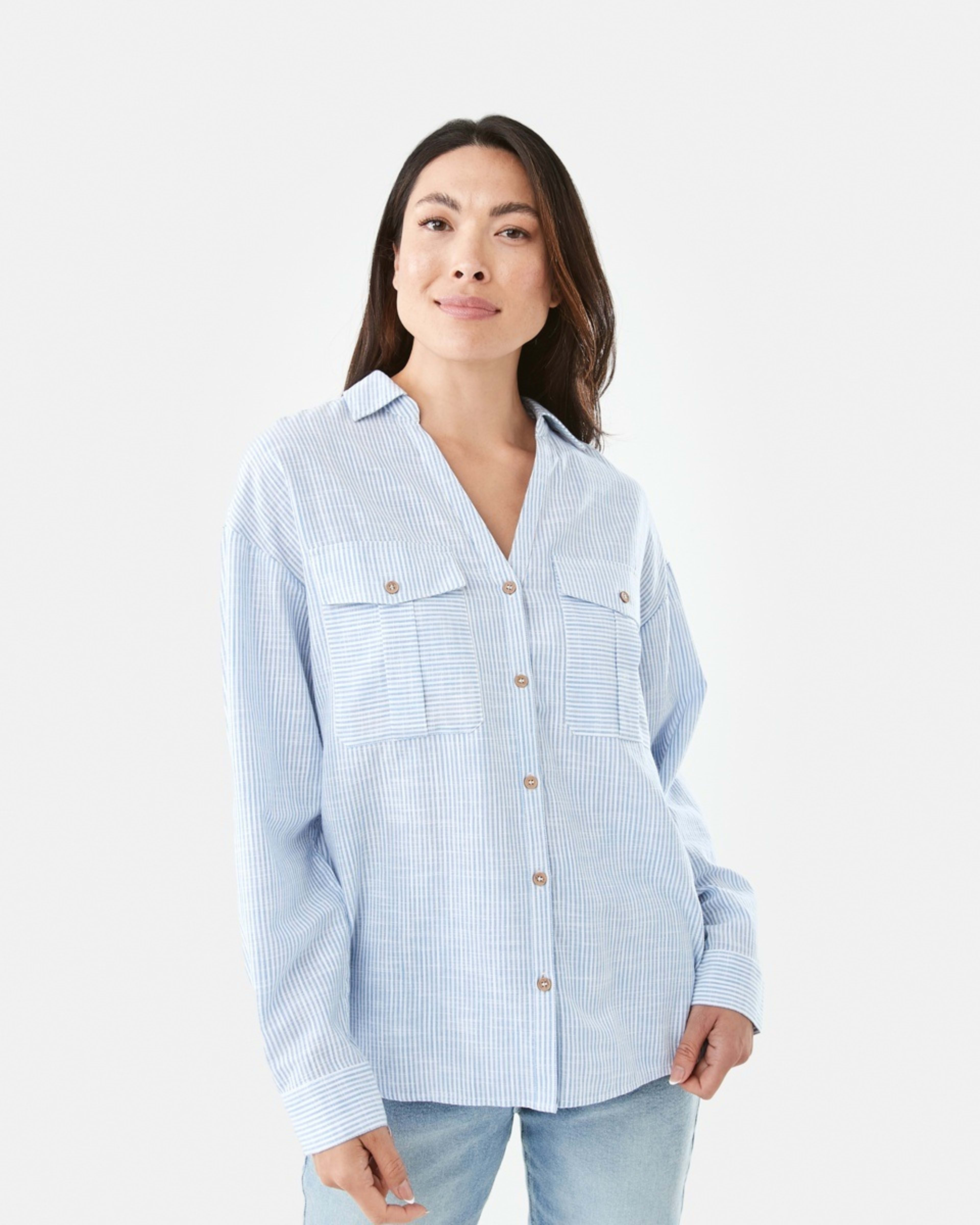 1 Long Roll Sleeve Cotton Shirt Ocean Strp