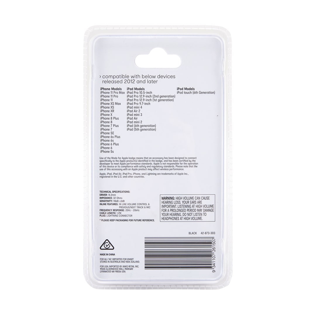 Classic Style Lightning Earphones Black Kmart