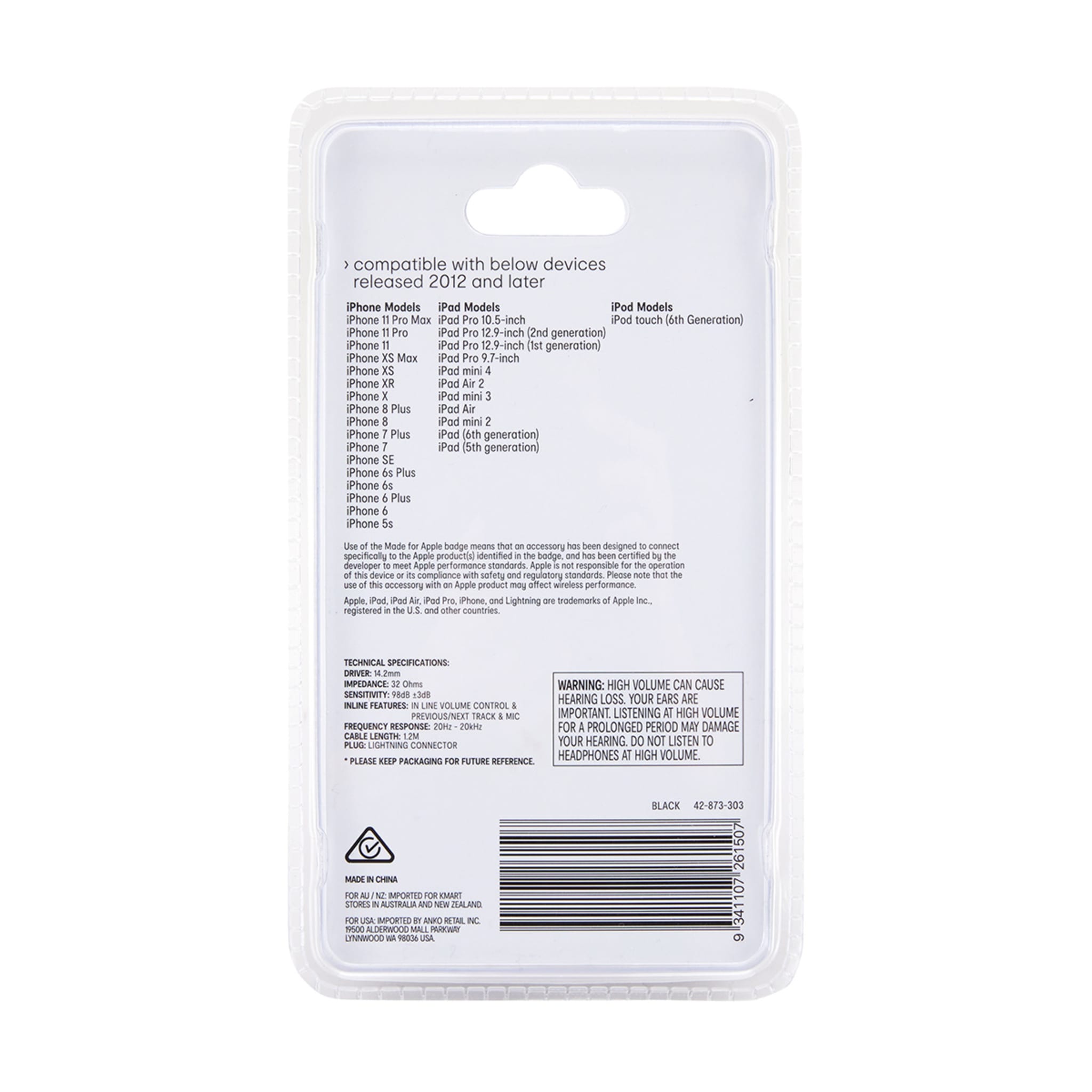 Classic Style Lightning Earphones Black Kmart