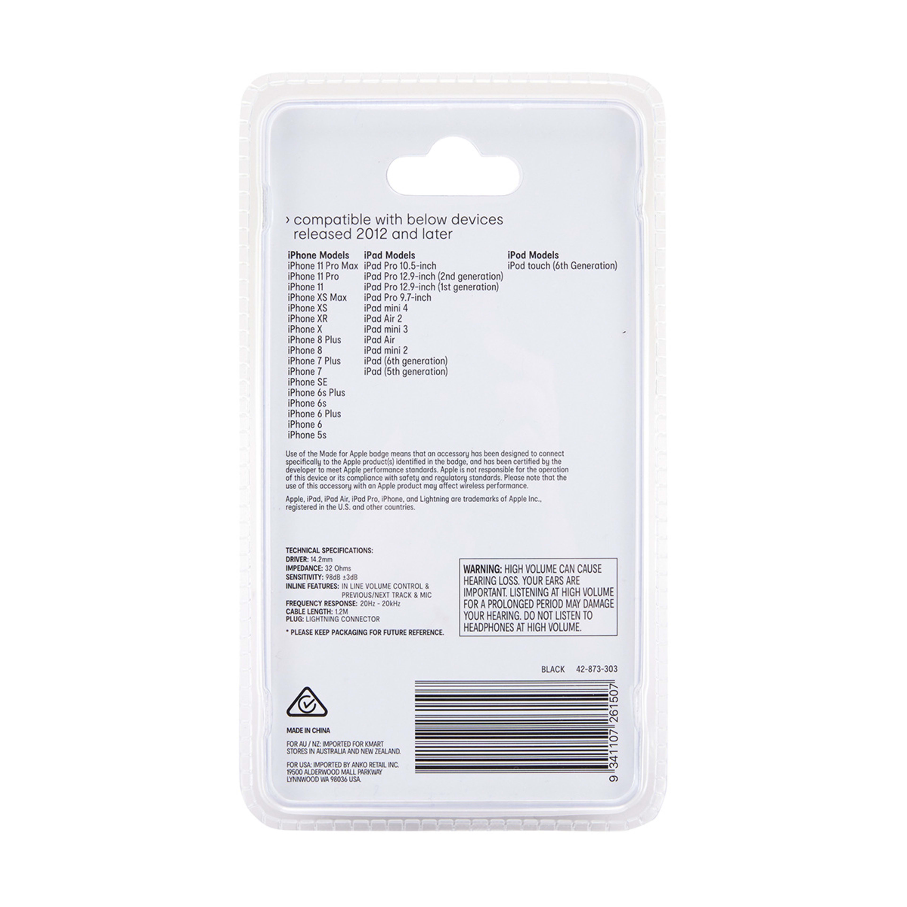 Classic Style Lightning Earphones Black Kmart