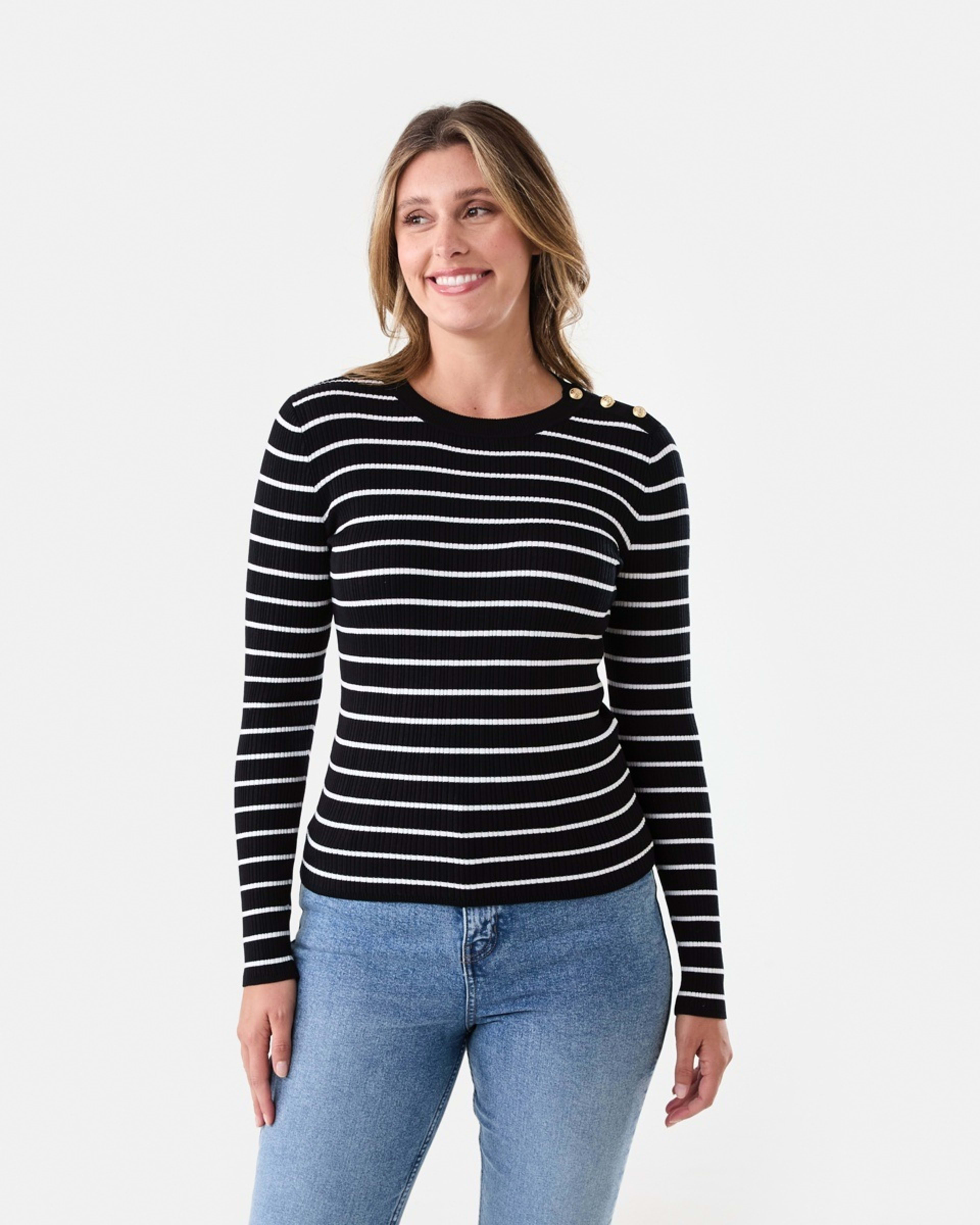 1 Long Sleeve Button Detail Top Ecru Strp
