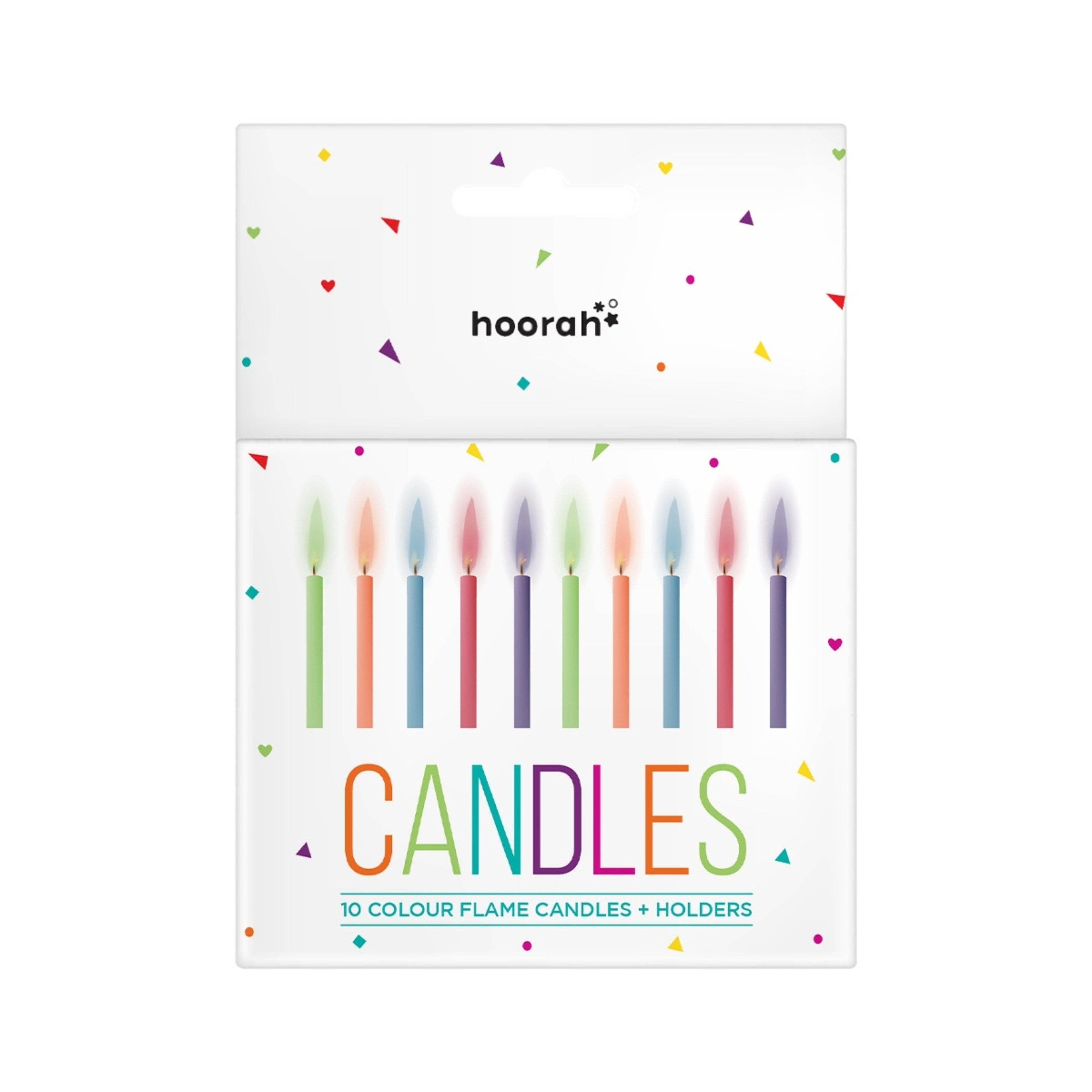 1 10 Pack Hoorah Colour Flame Candles and Holders