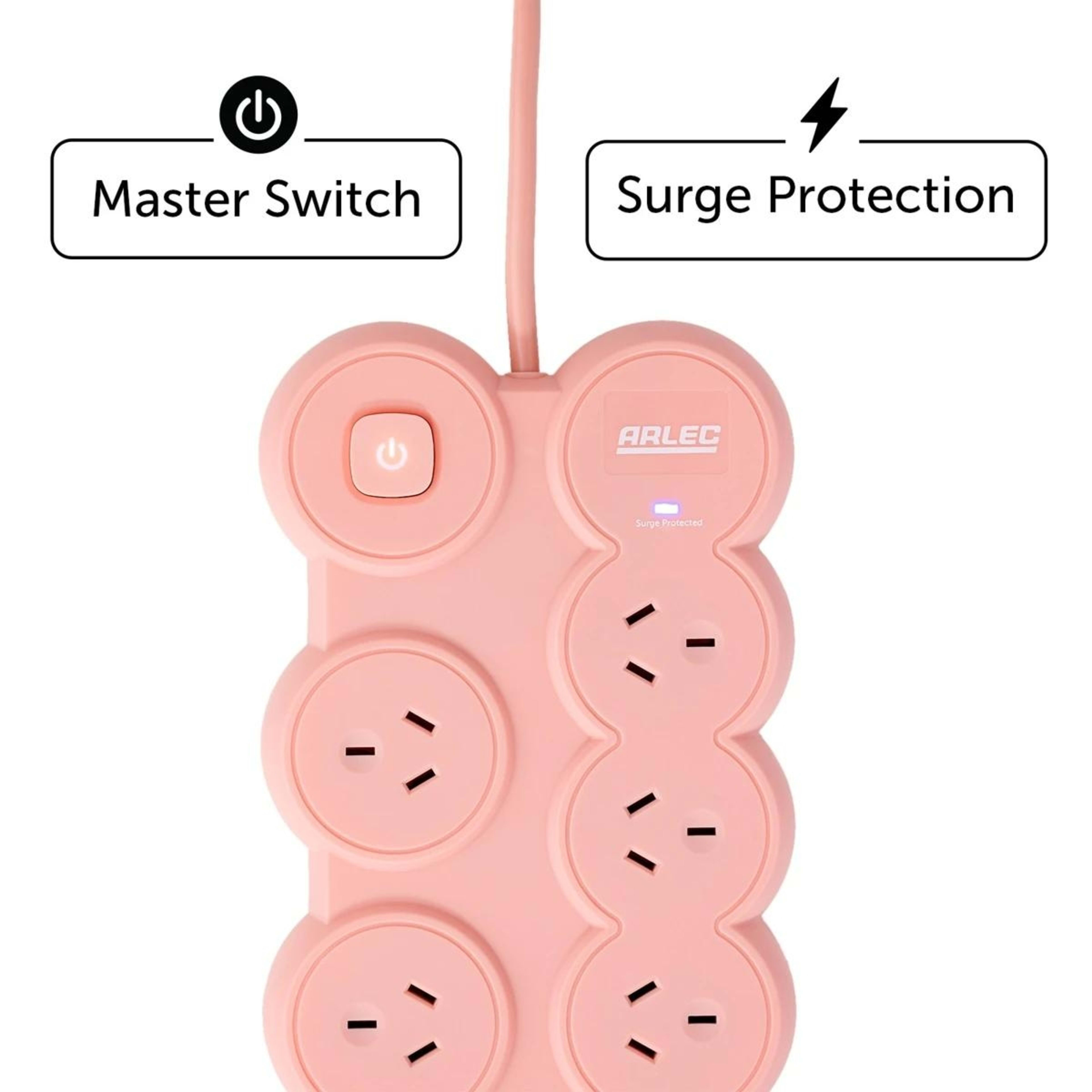 4 Arlec 8 Outlet Bubble Wide Spaced Outlets & USB A & C Ports Powerboard - Pink, 4 of 7