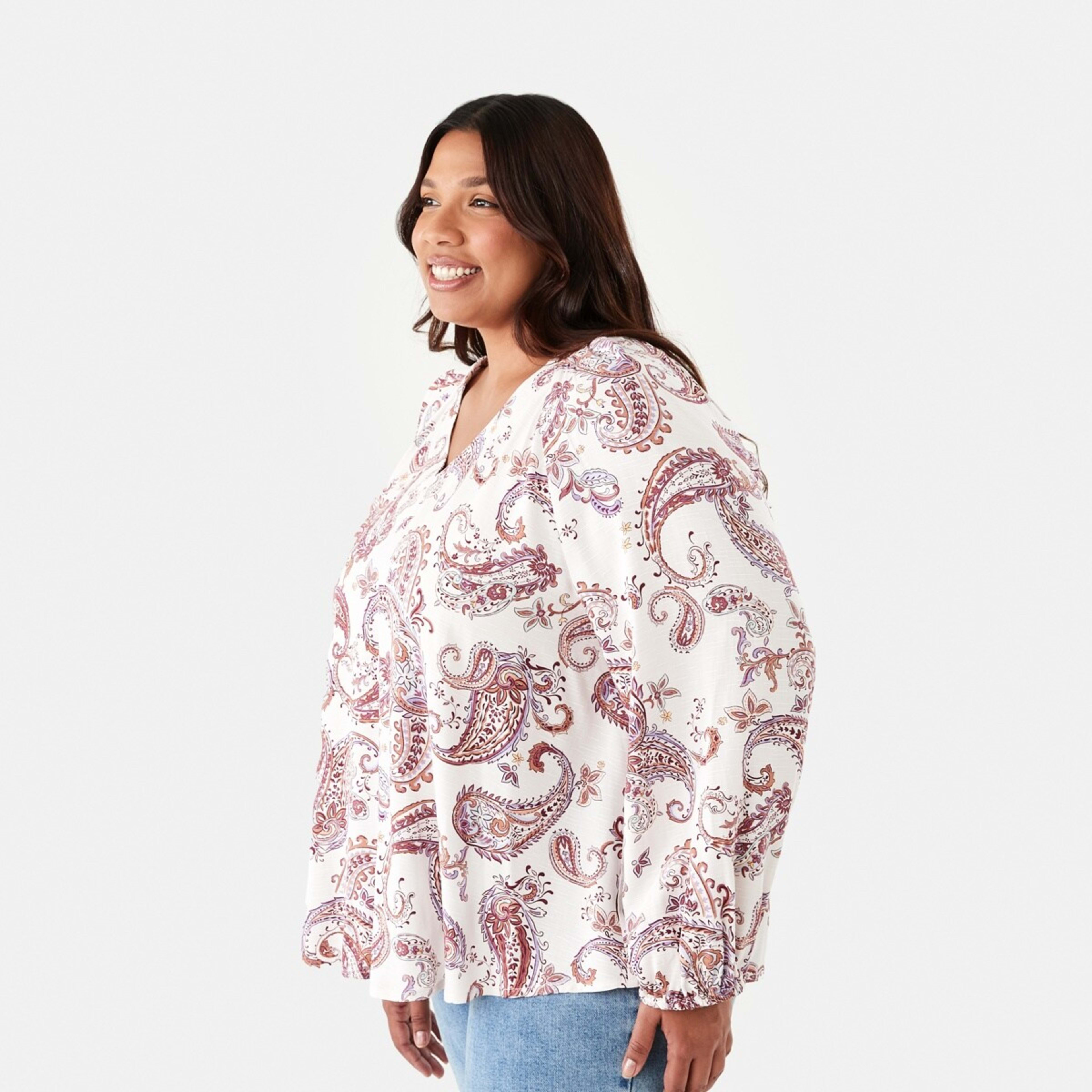 2 Curve Long Sleeve Gathered Blouse Paisley Vintage Burgundy, 2 of 6