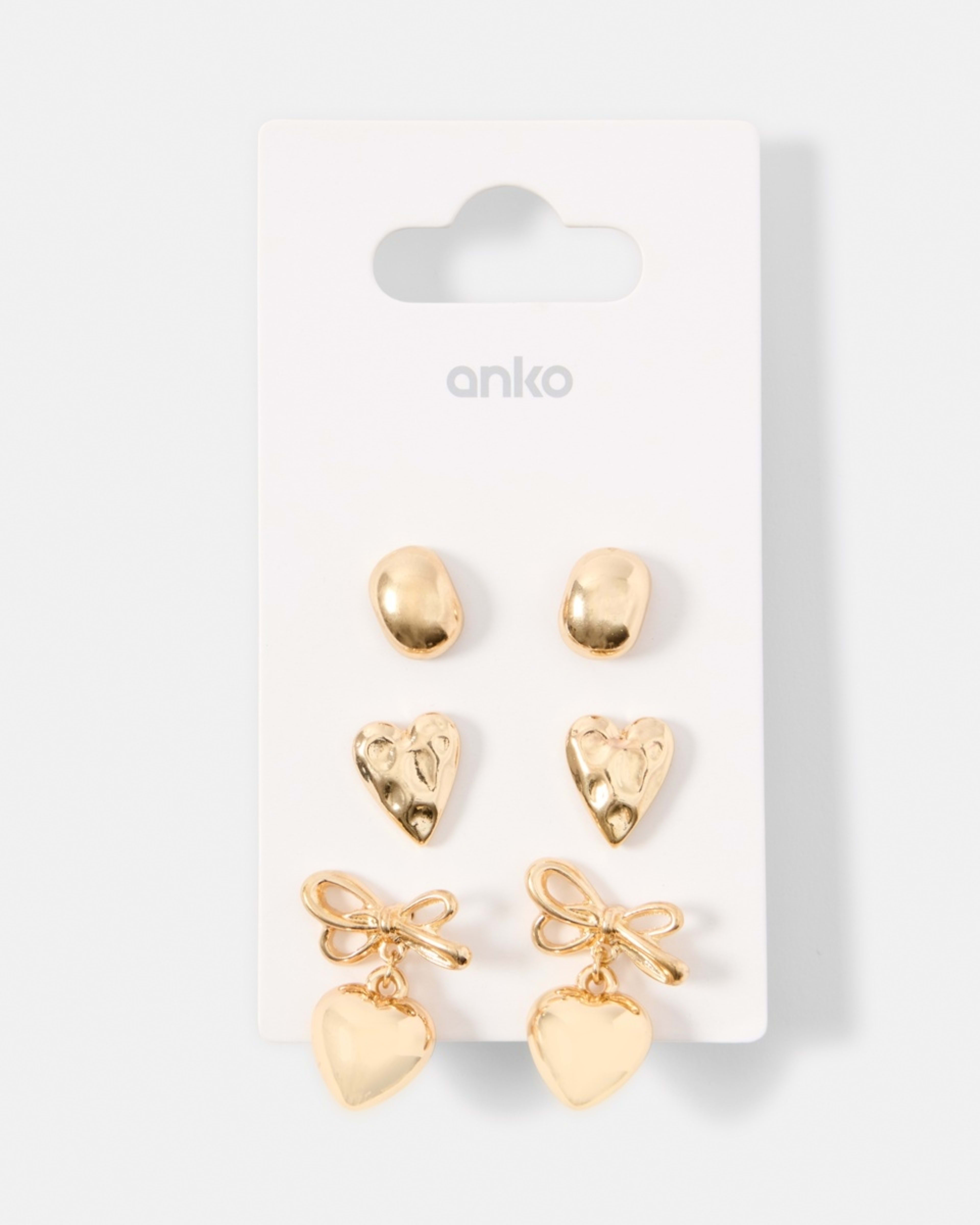 5 3 Pack Heart Bow Stud Earrings - Gold Tone Gold, 5 of 5
