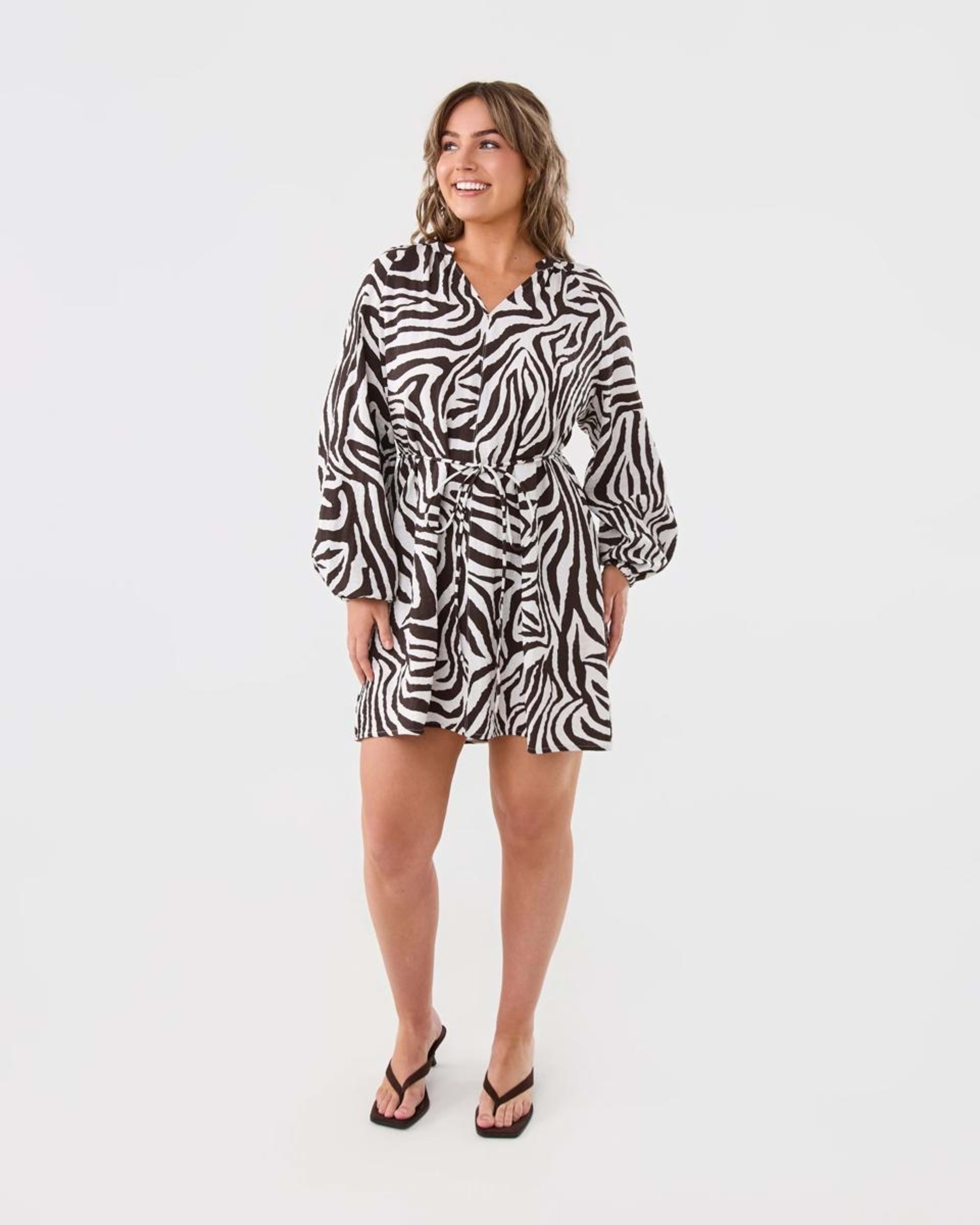 8 Long Sleeve Textured Tie Mini Dress Zebra, 8 of 8