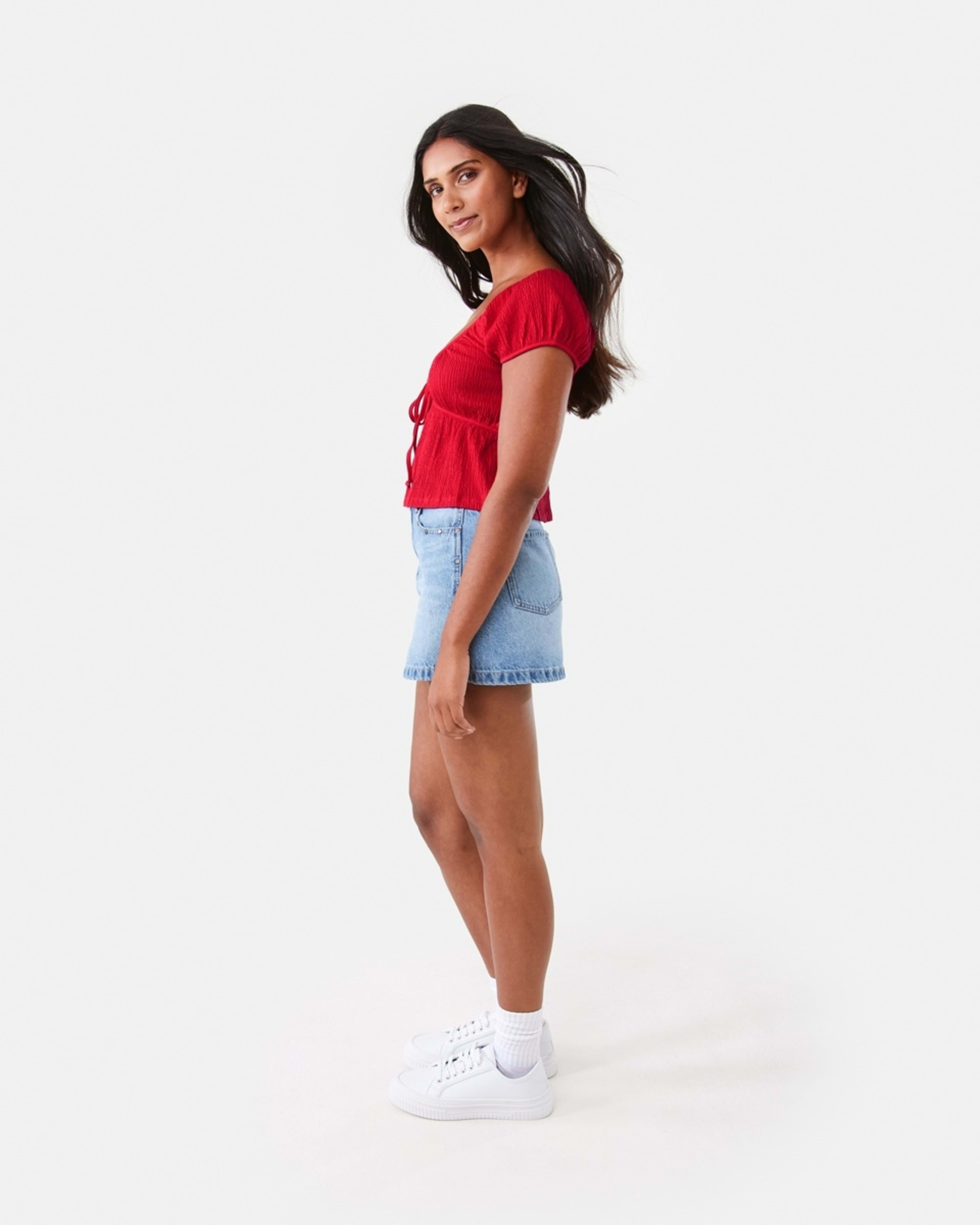 3 Short Sleeve Textured Tie Front Top Strawberry, 3 of 7