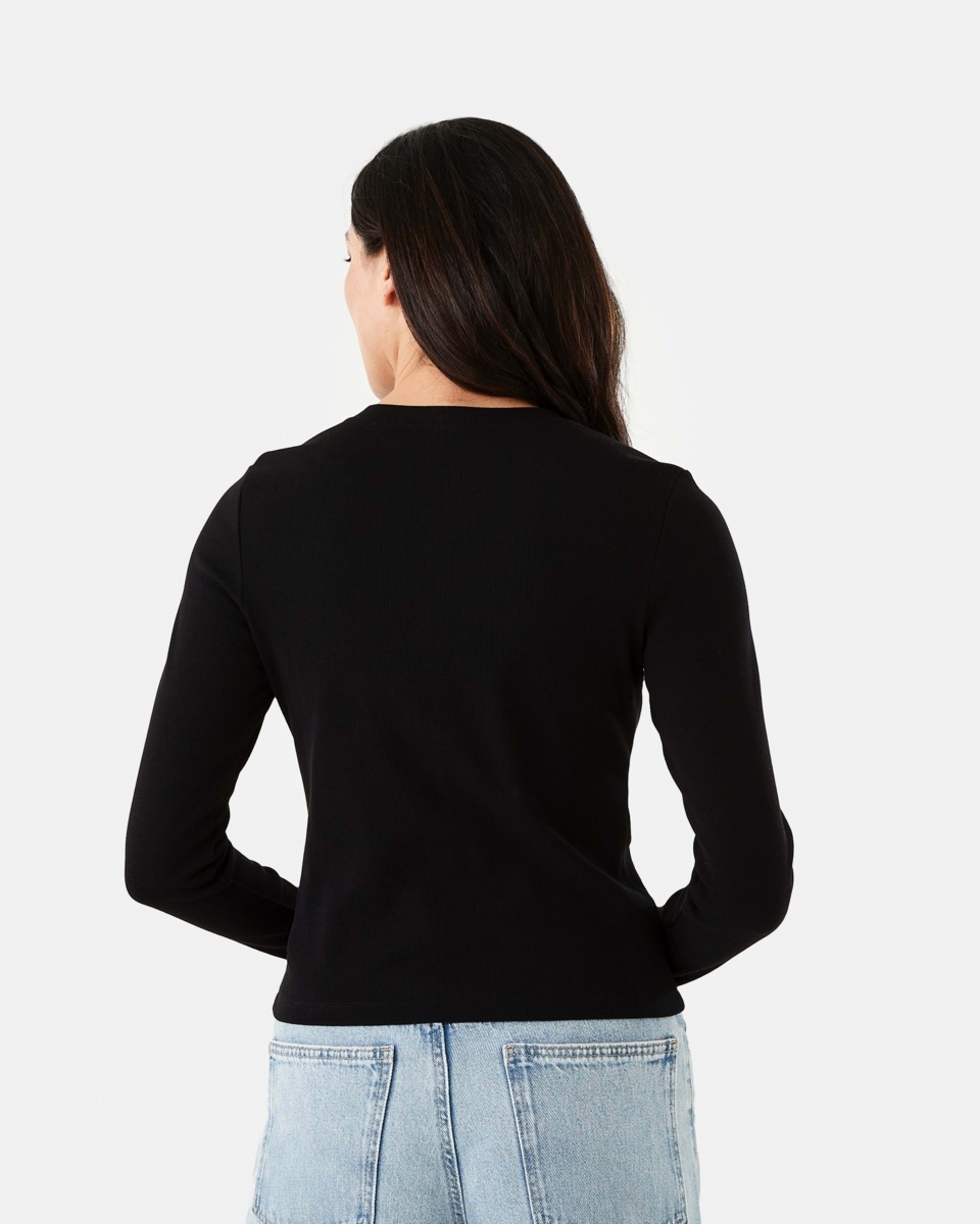 4 Long Sleeve Rib Button Front Top Black, 4 of 7