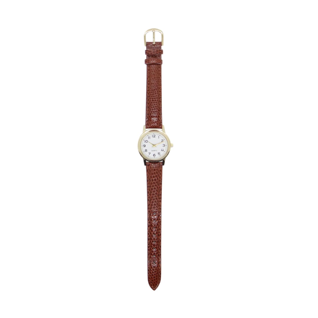 Womens Classic Analogue Watch with Gold Case & Tan Strap Kmart