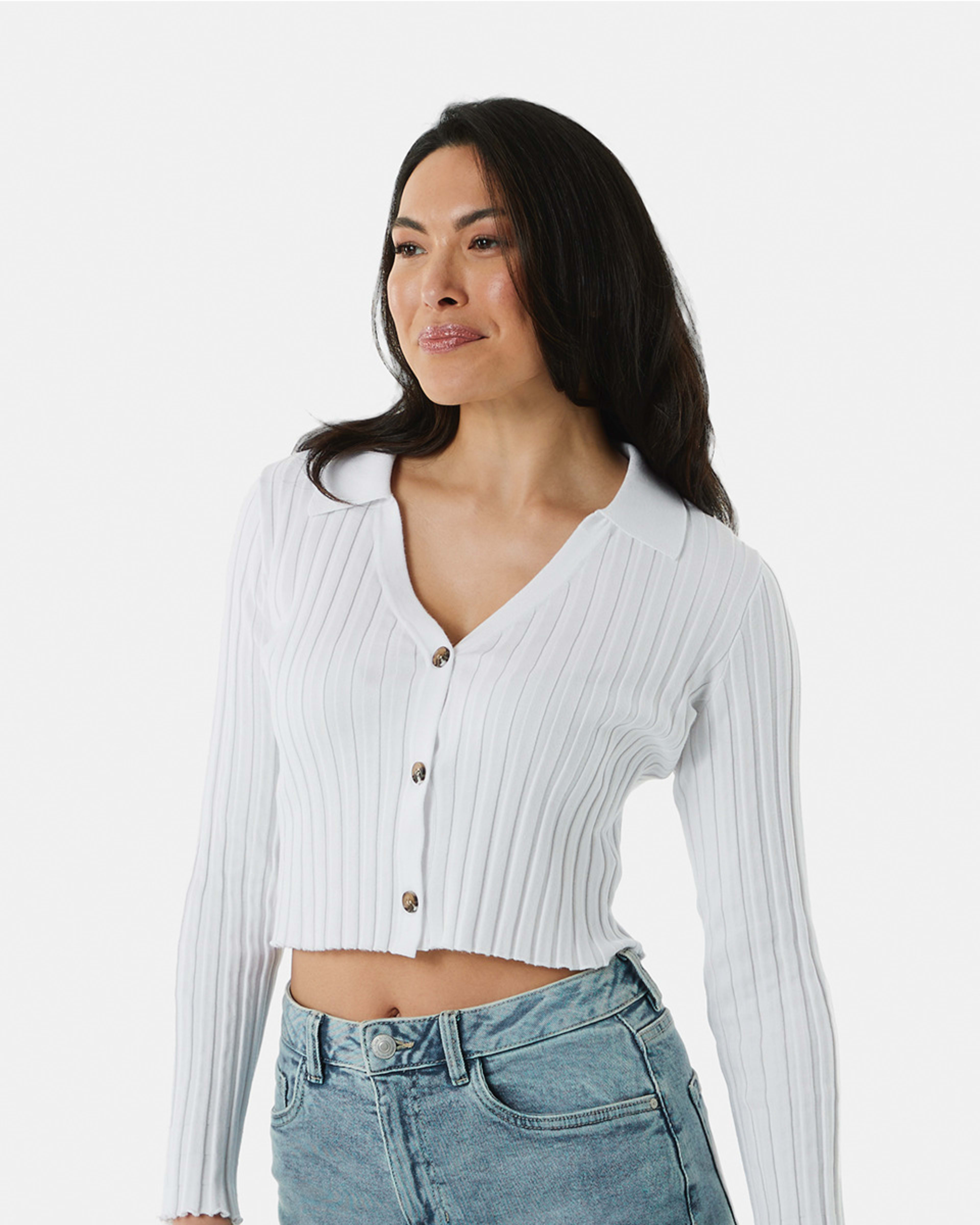 Long Sleeve True Knit Button Crop Top Kmart