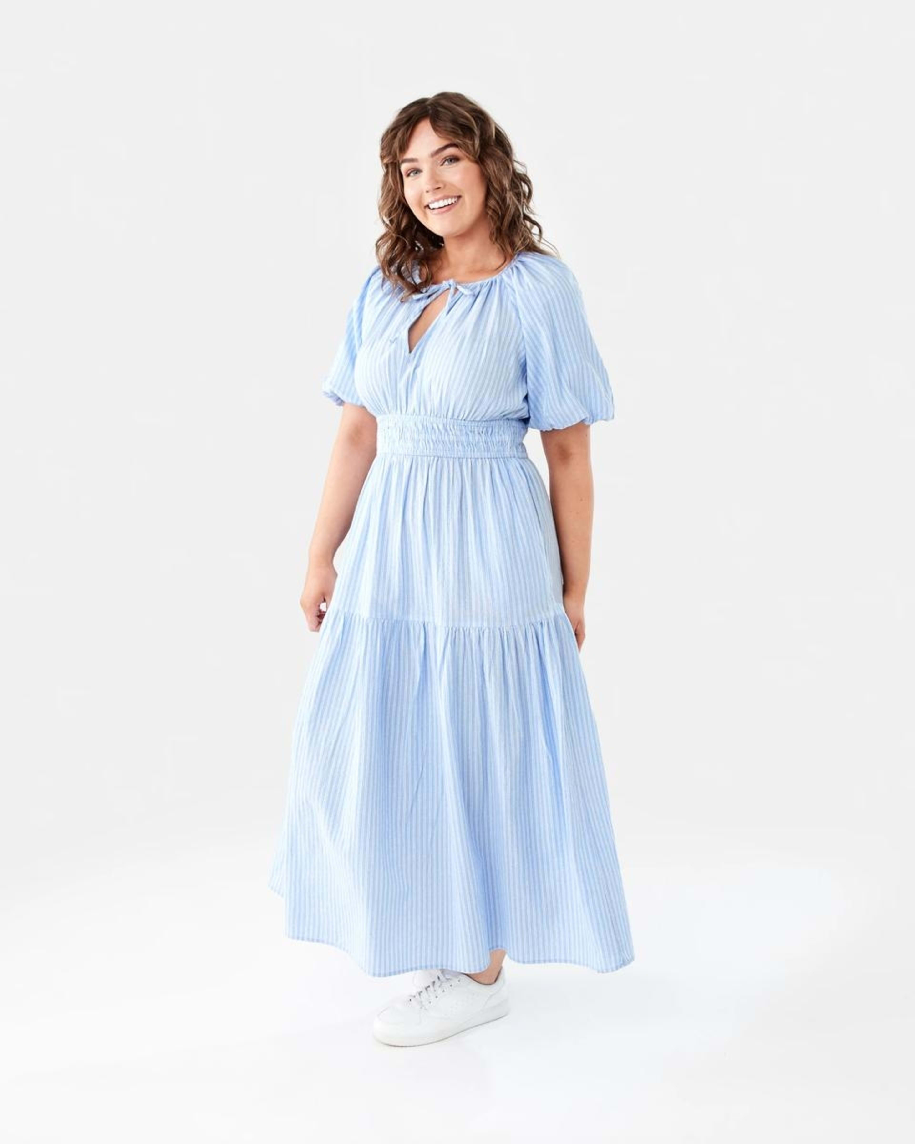 2 Short Sleeve Shirred Waist Midi Dress DANI STRP BRUNI BLUE, 2 of 9