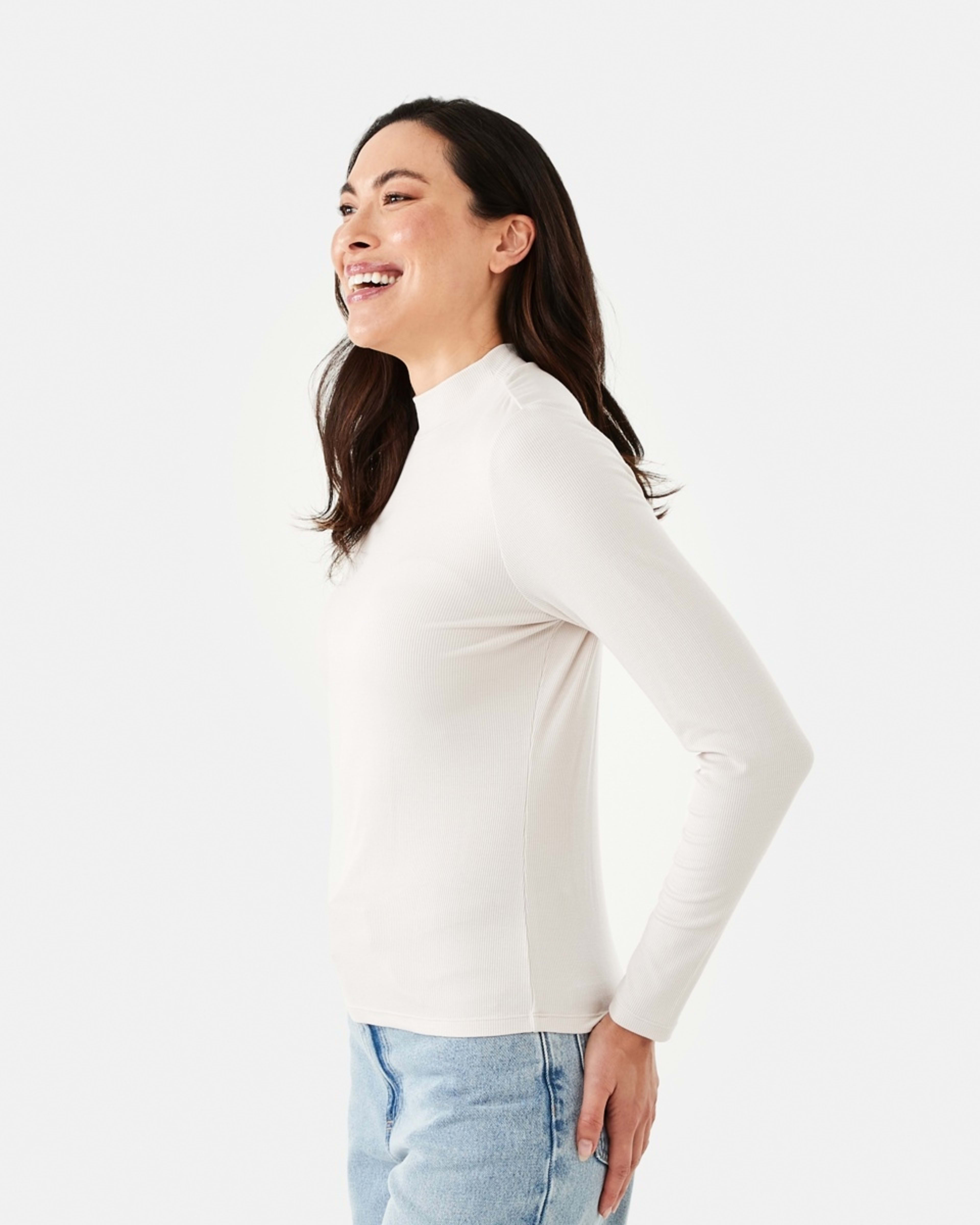 2 Long Sleeve Rib Mock Neck Top Nat Beige, 2 of 5