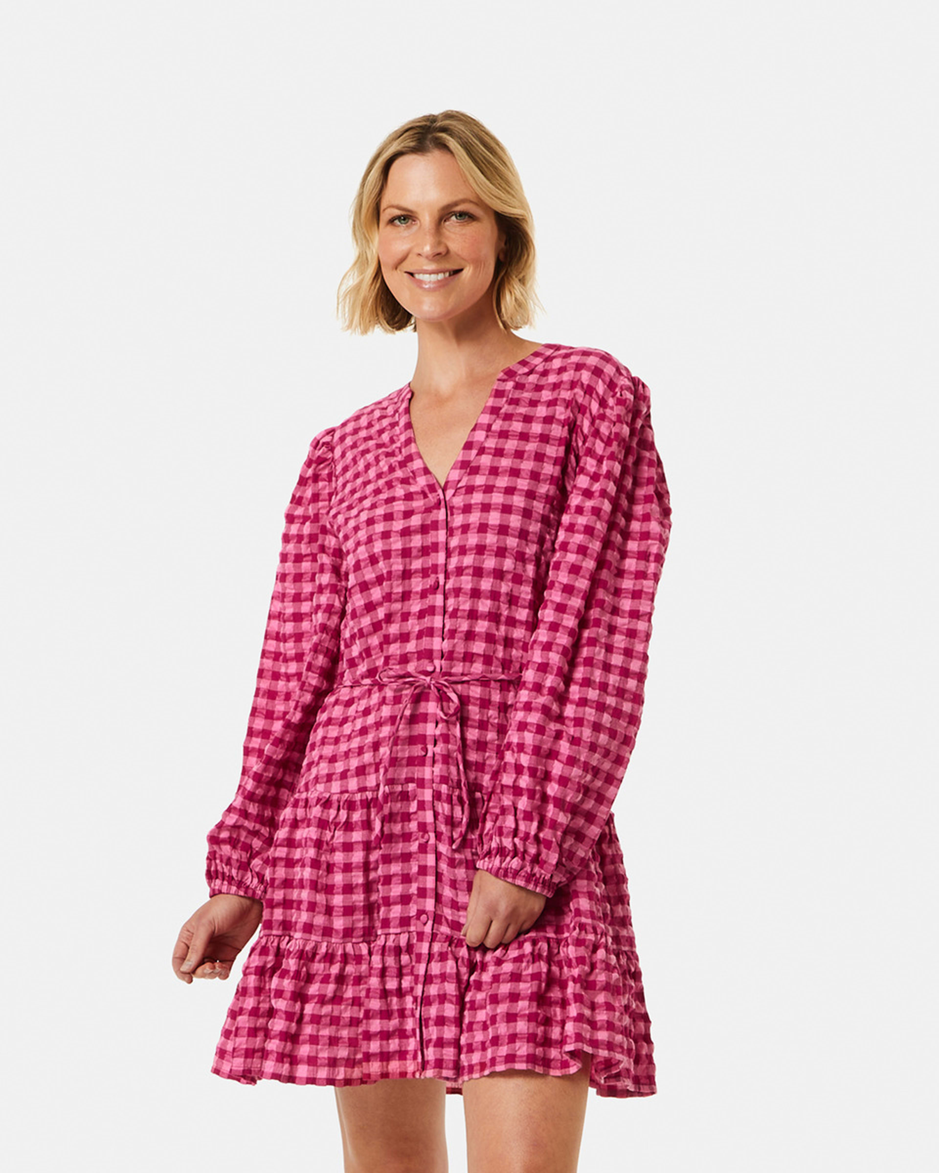 Long Sleeve Textured Tiered Shirt Dress Kmart