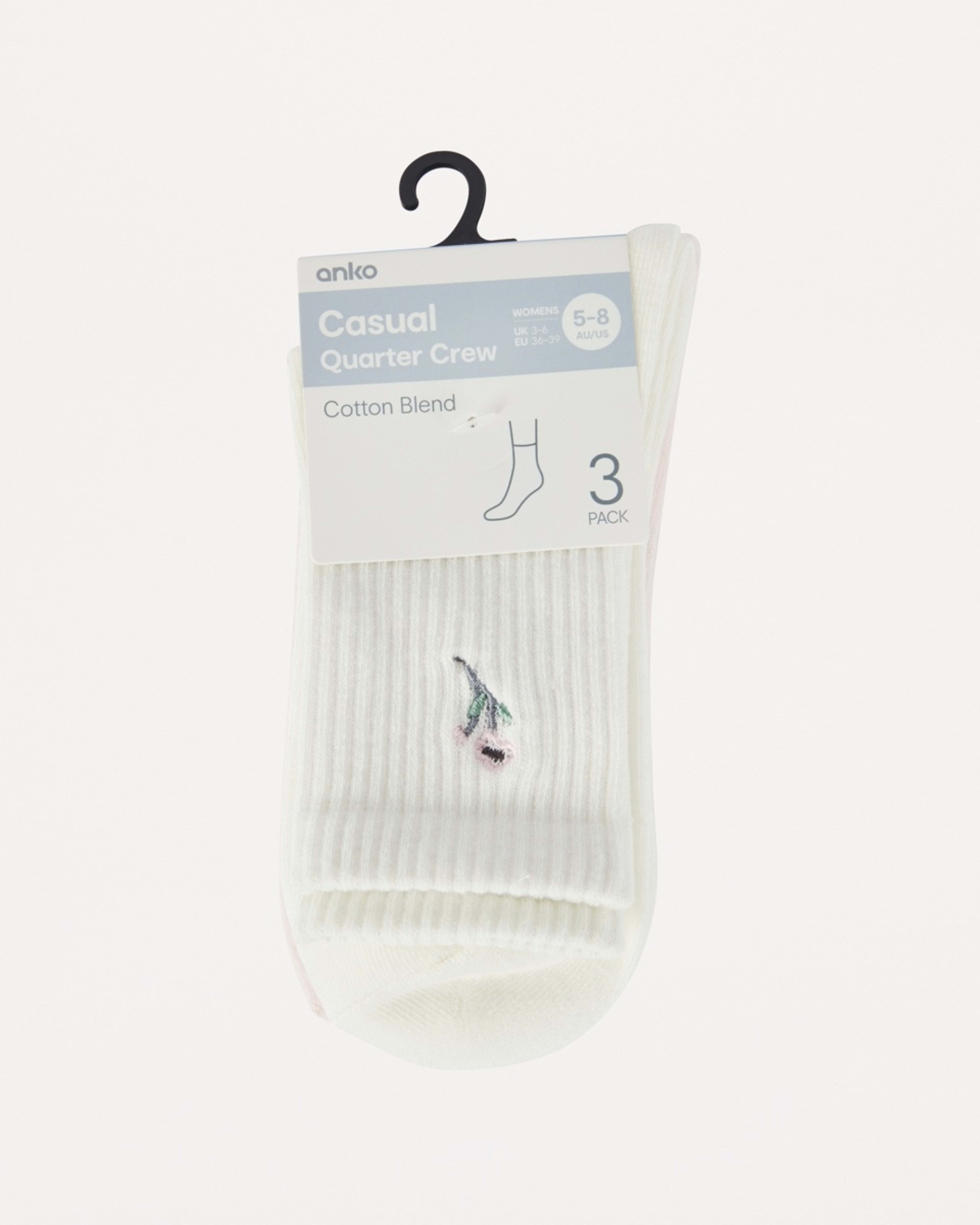 3 3 Pack Rib Quarter Crew Socks FLORAL BALLERINA PINK, 3 of 3