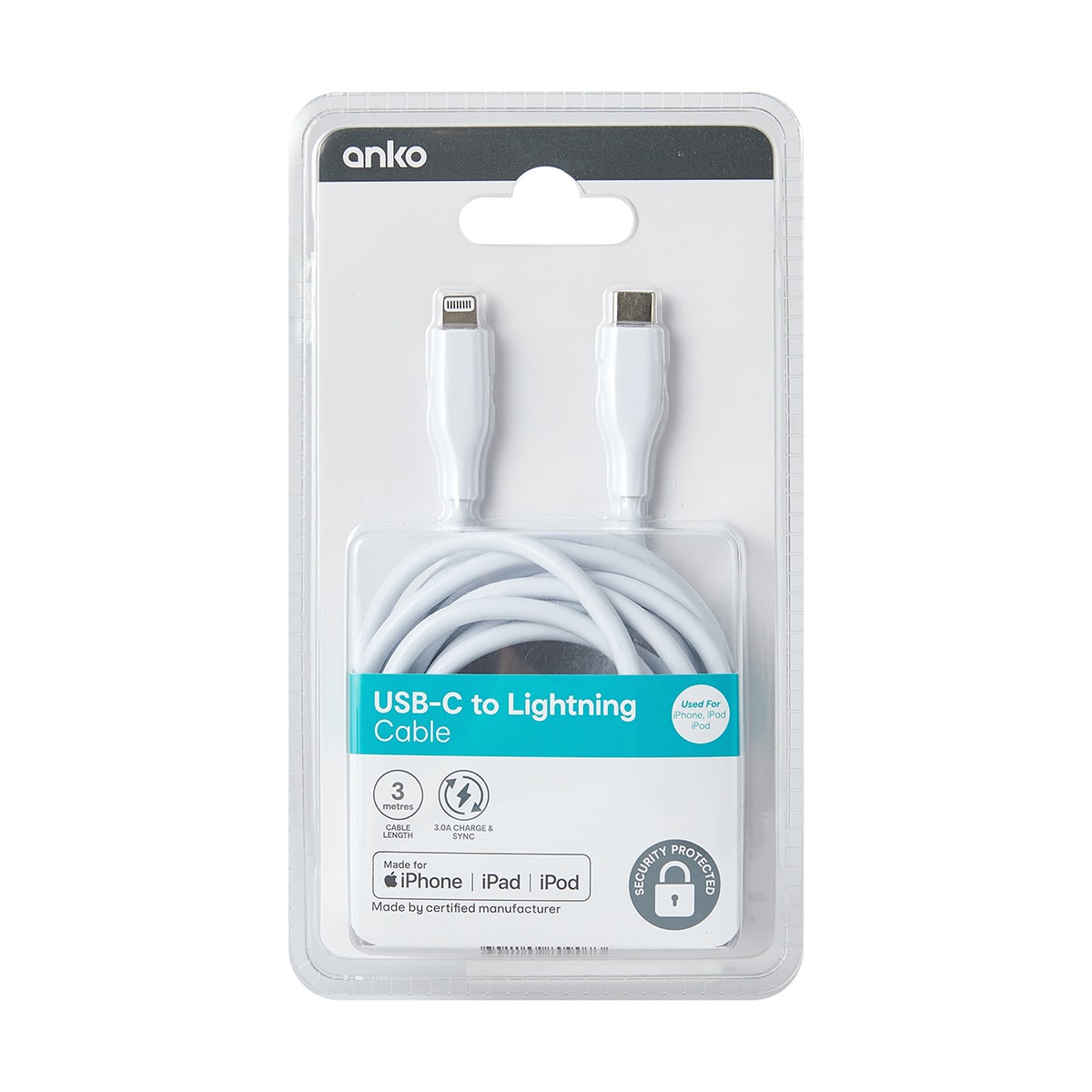 USBC Lightning Cable 3m, White Kmart