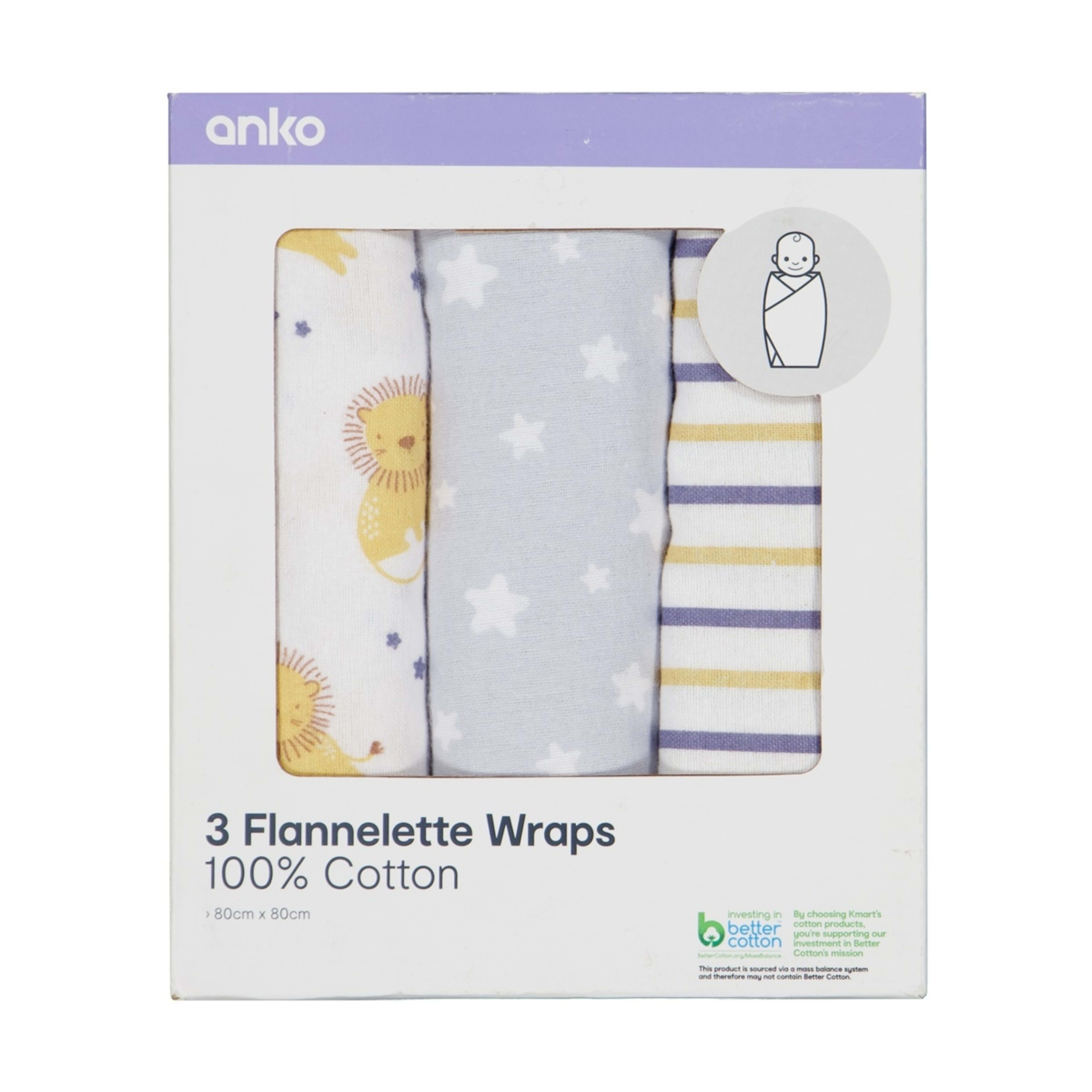 1 3 Pack Flannelette Wraps - Lion