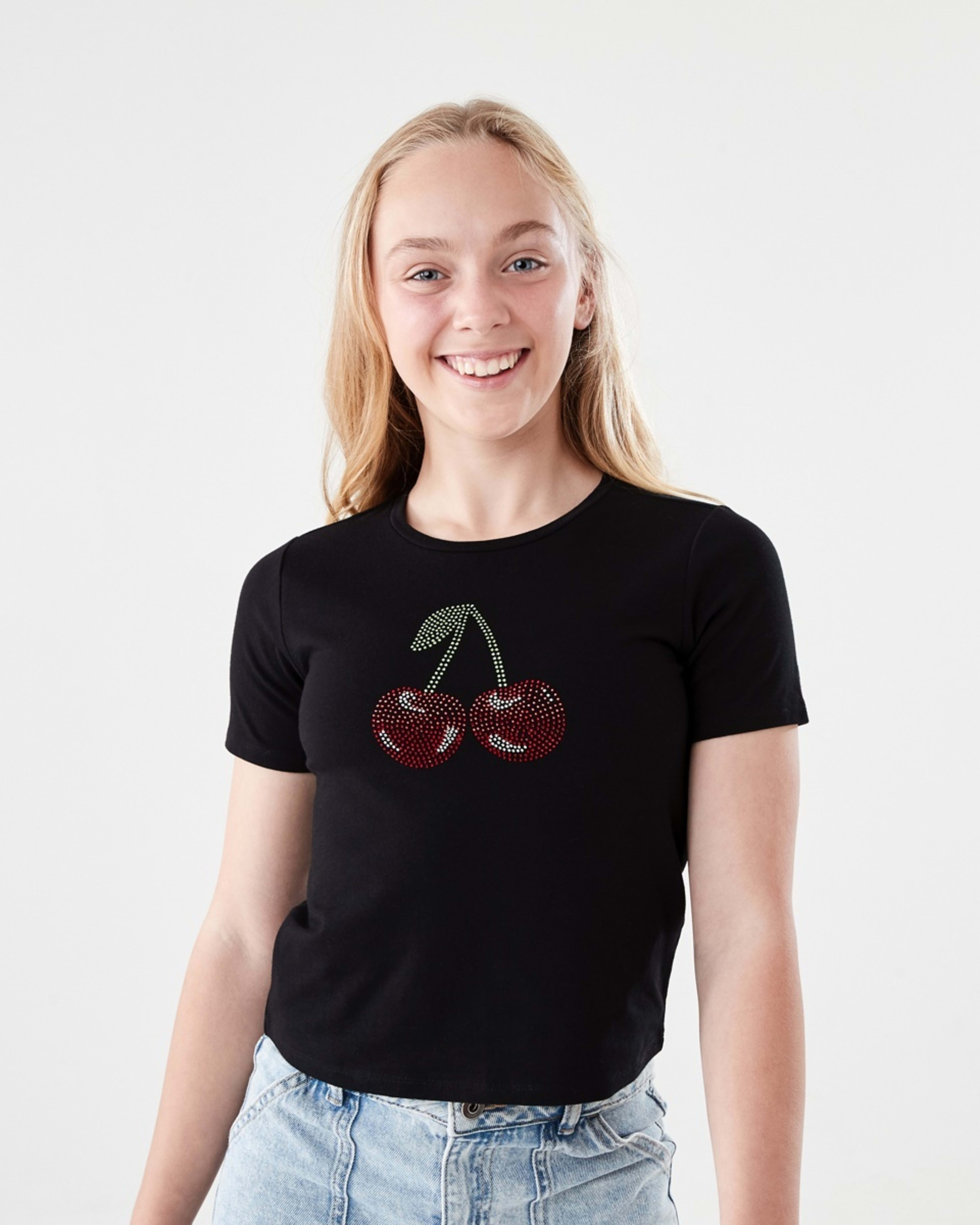 1 Short Sleeve Embellished T-shirt DIAMONTE CHERRIES BLACK