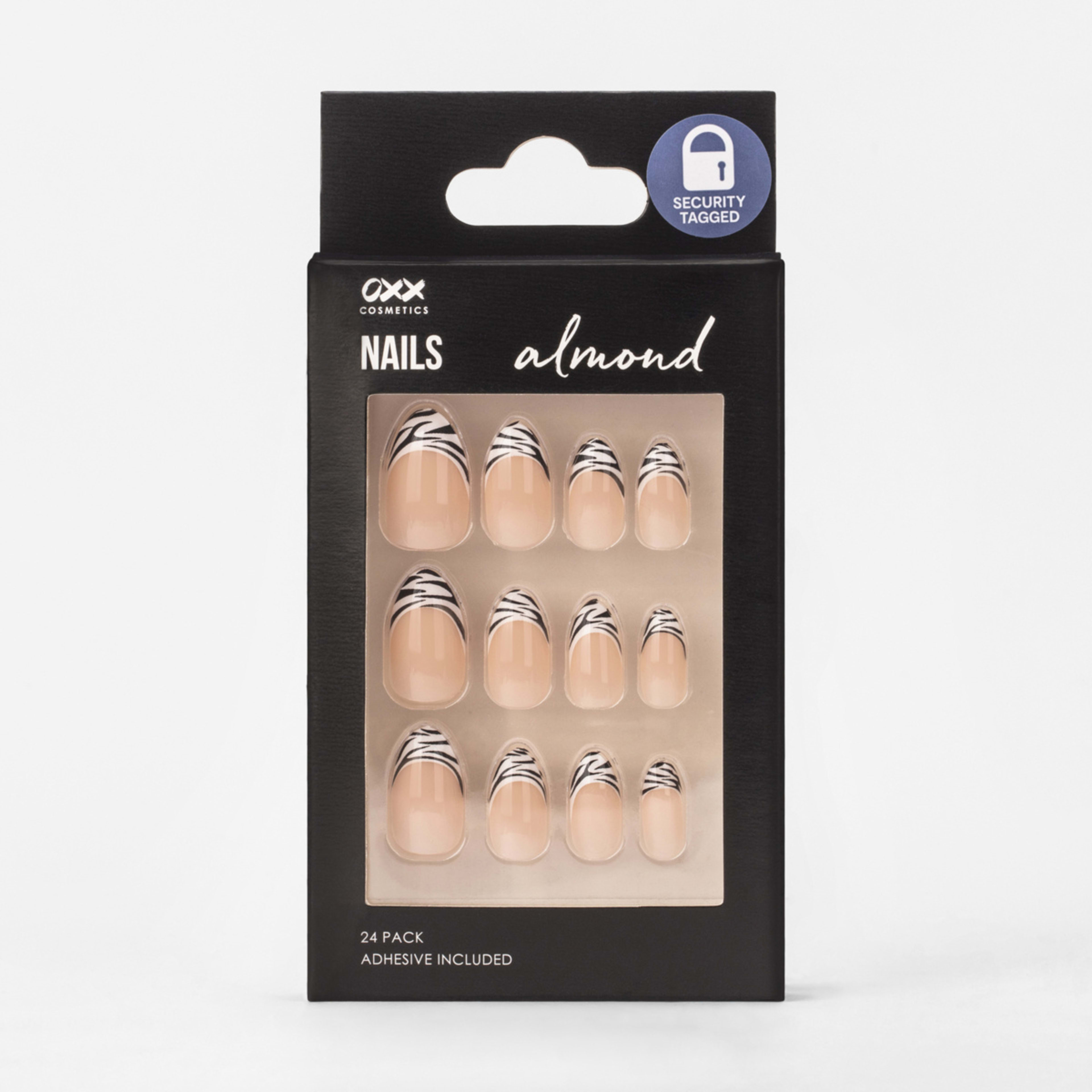 1 OXX Cosmetics 24 Pack False Nails with Adhesive - Almond Shape, Zebra Tips, 1 of 5