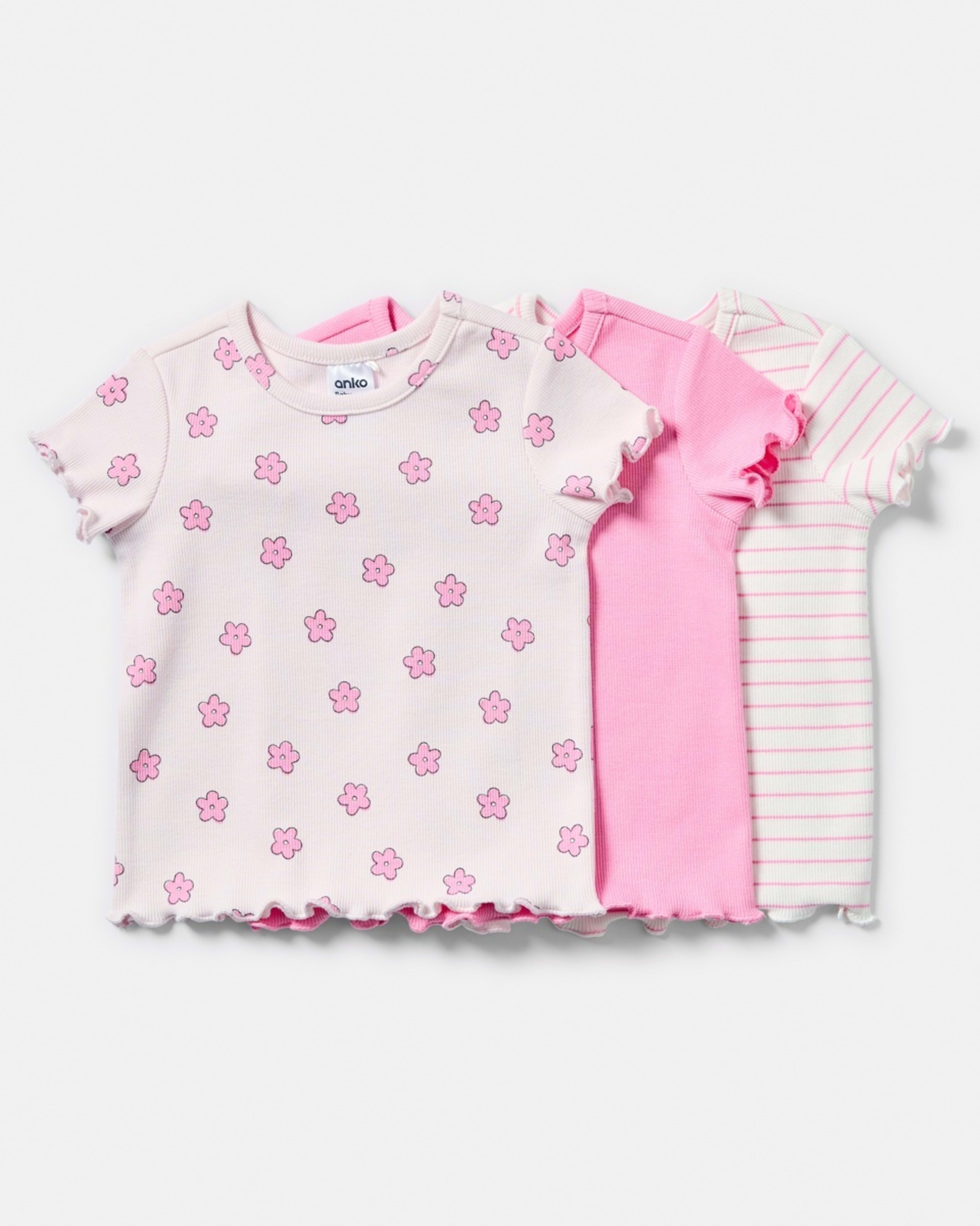1 3 Pack Short Sleeve Ribbed T-shirt PINK DAISIES