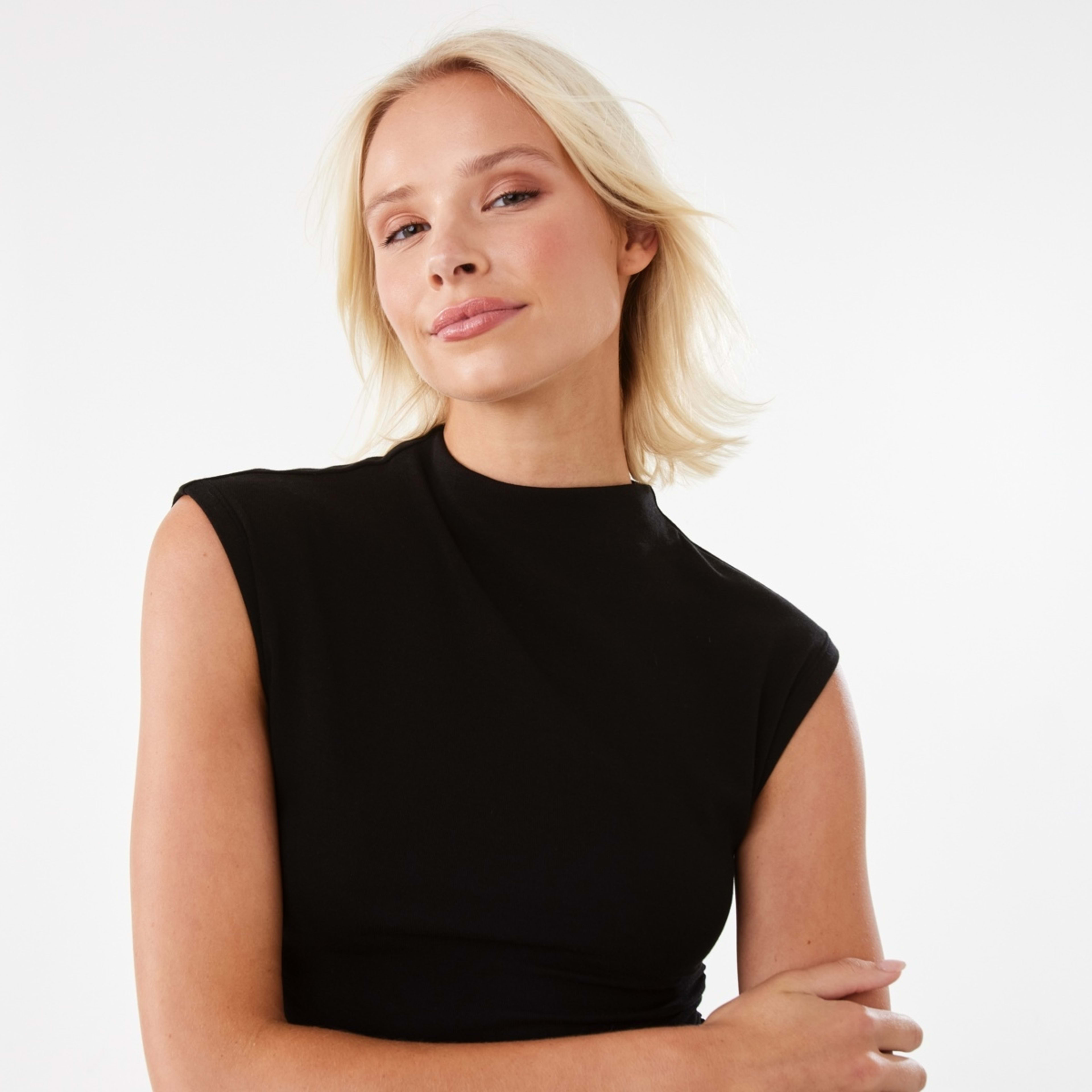 7 Sleeveless Mock Neck Ruched Top Black, 7 of 10