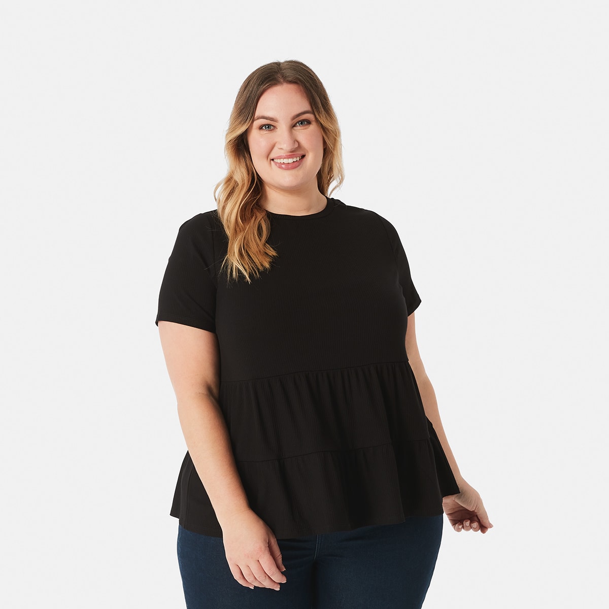Curve Short Sleeve Ribbed Smock T-Shirt 