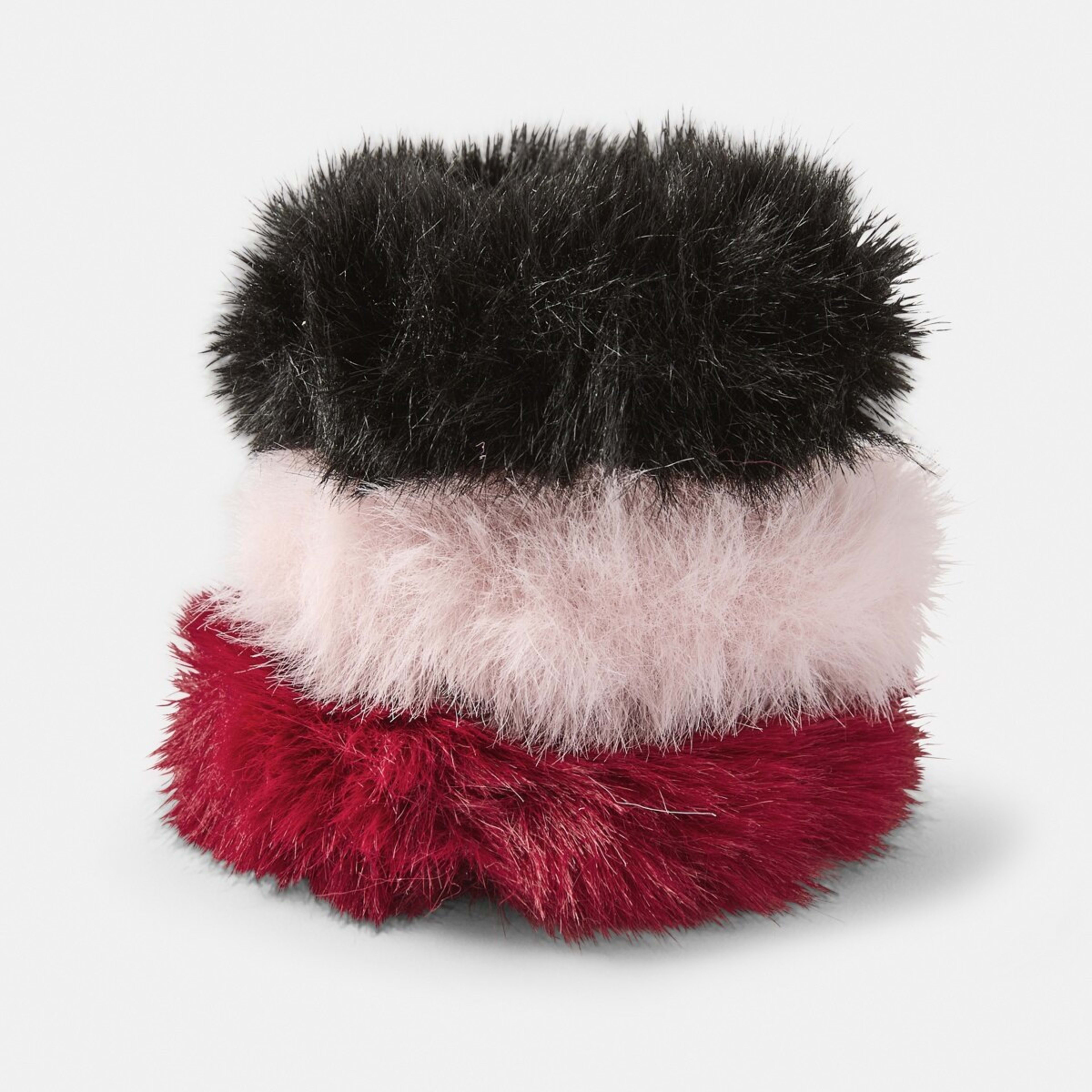 2 3 Pack Faux Fur Hair Scrunchie - Red, Pink and Black, 2 of 5