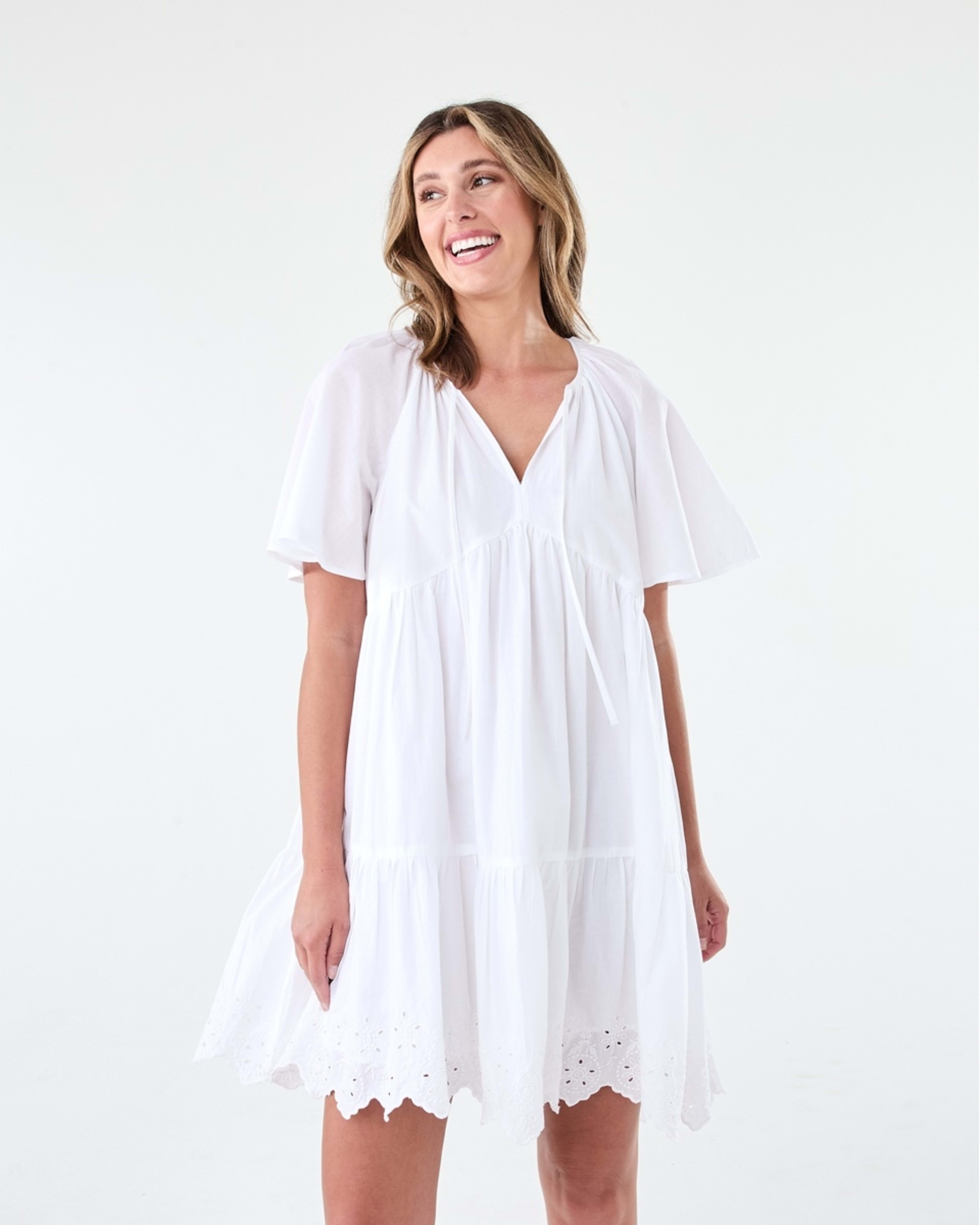 1 Short Flutter Sleeve Broderie Mini Dress White, 1 of 8