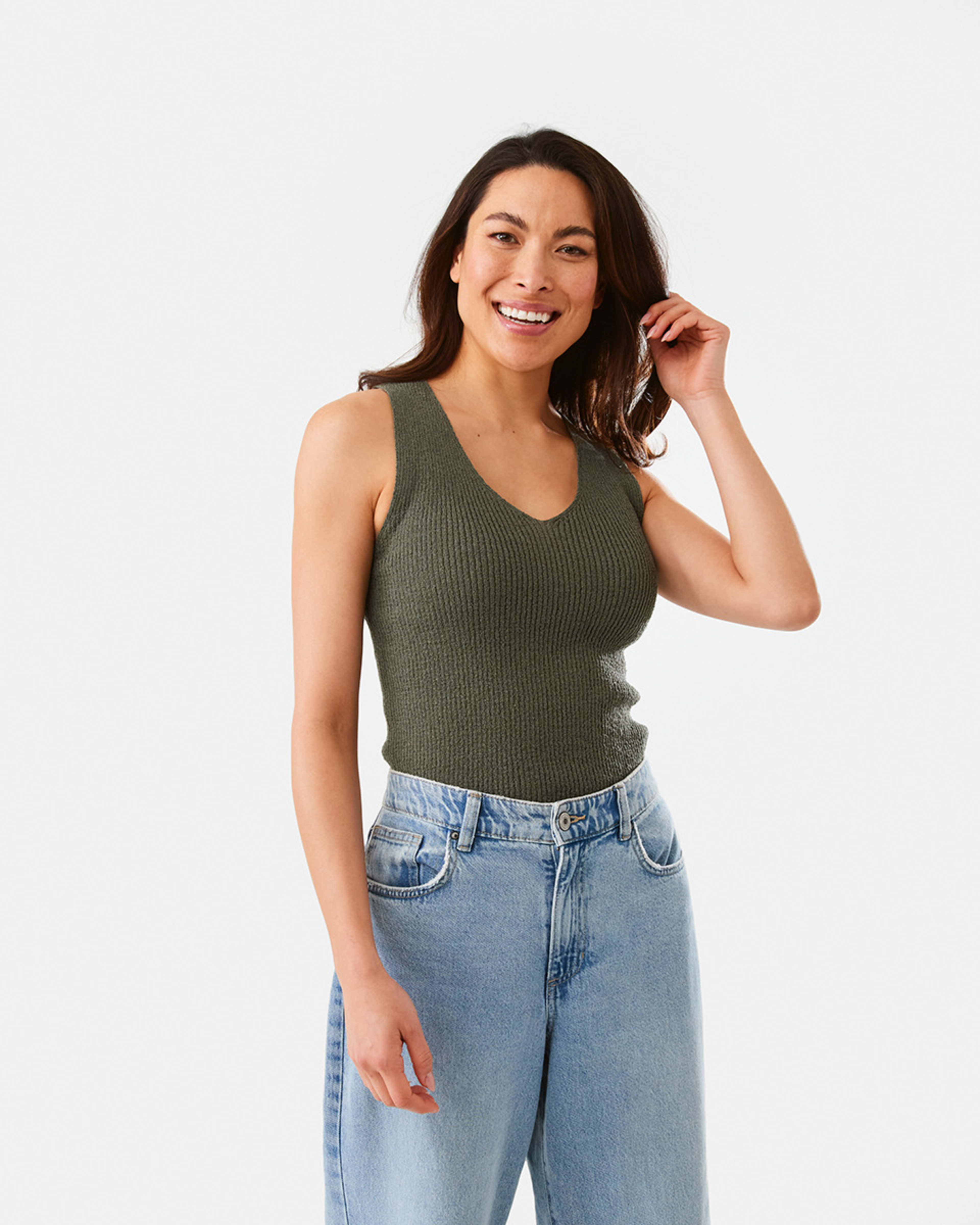 1 Sleeveless True Knit Textured V-Neck Top Grn Olive