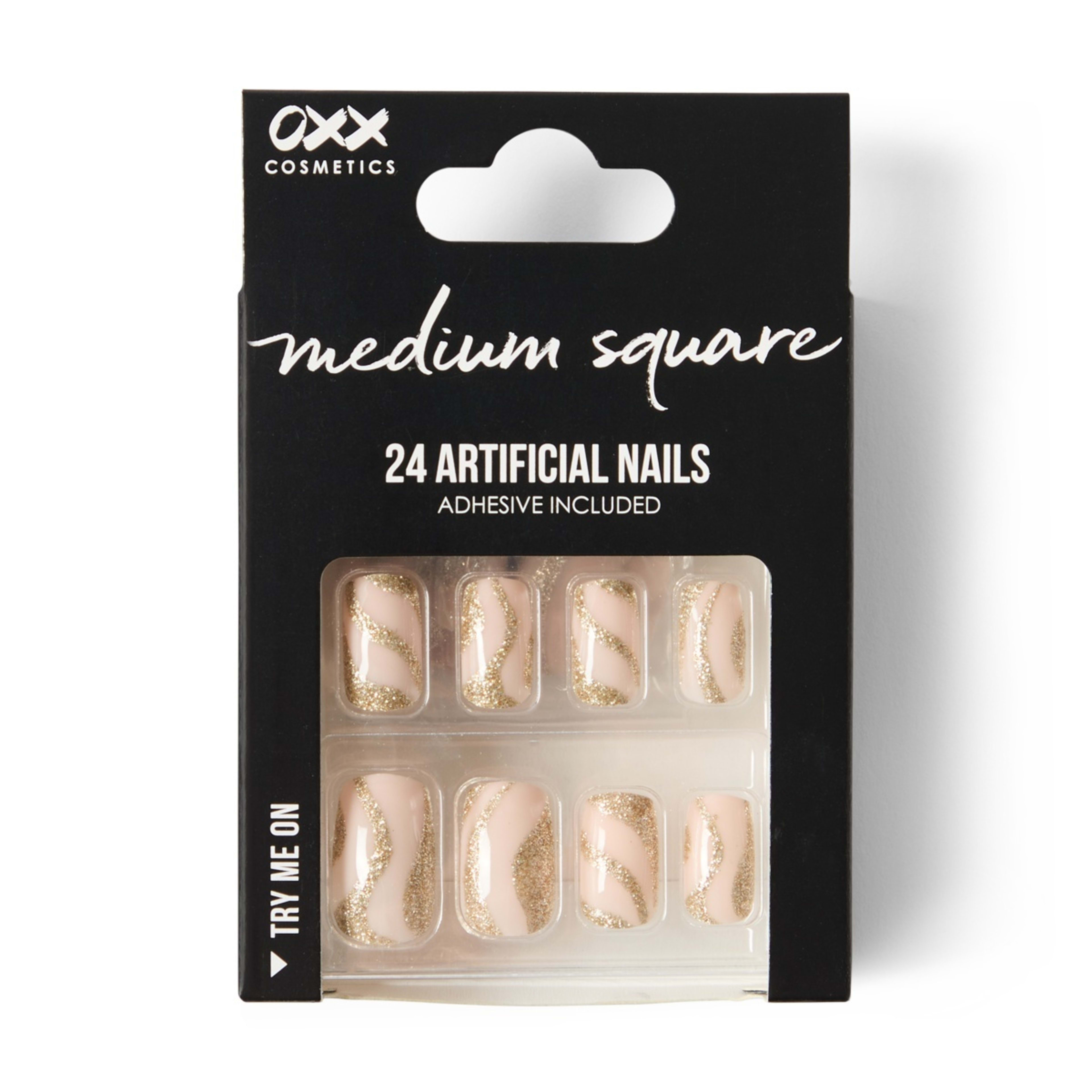 1 OXX Cosmetics 24 Pack Artificial Nails with Adhesive - Medium Square Shape, Nude and Gold, 1 of 5
