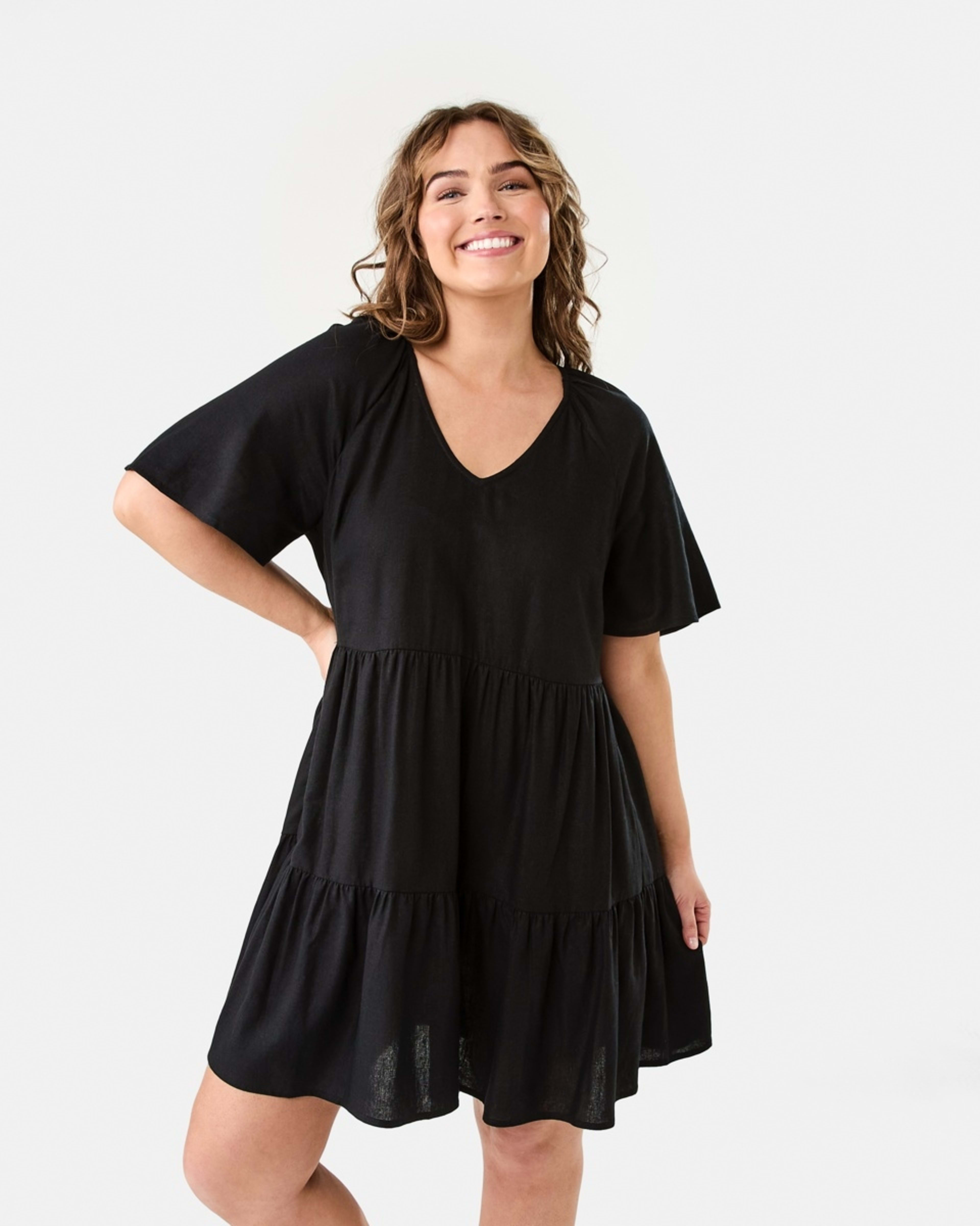 1 Short Sleeve Linen Blend Tiered Mini Dress BLACK