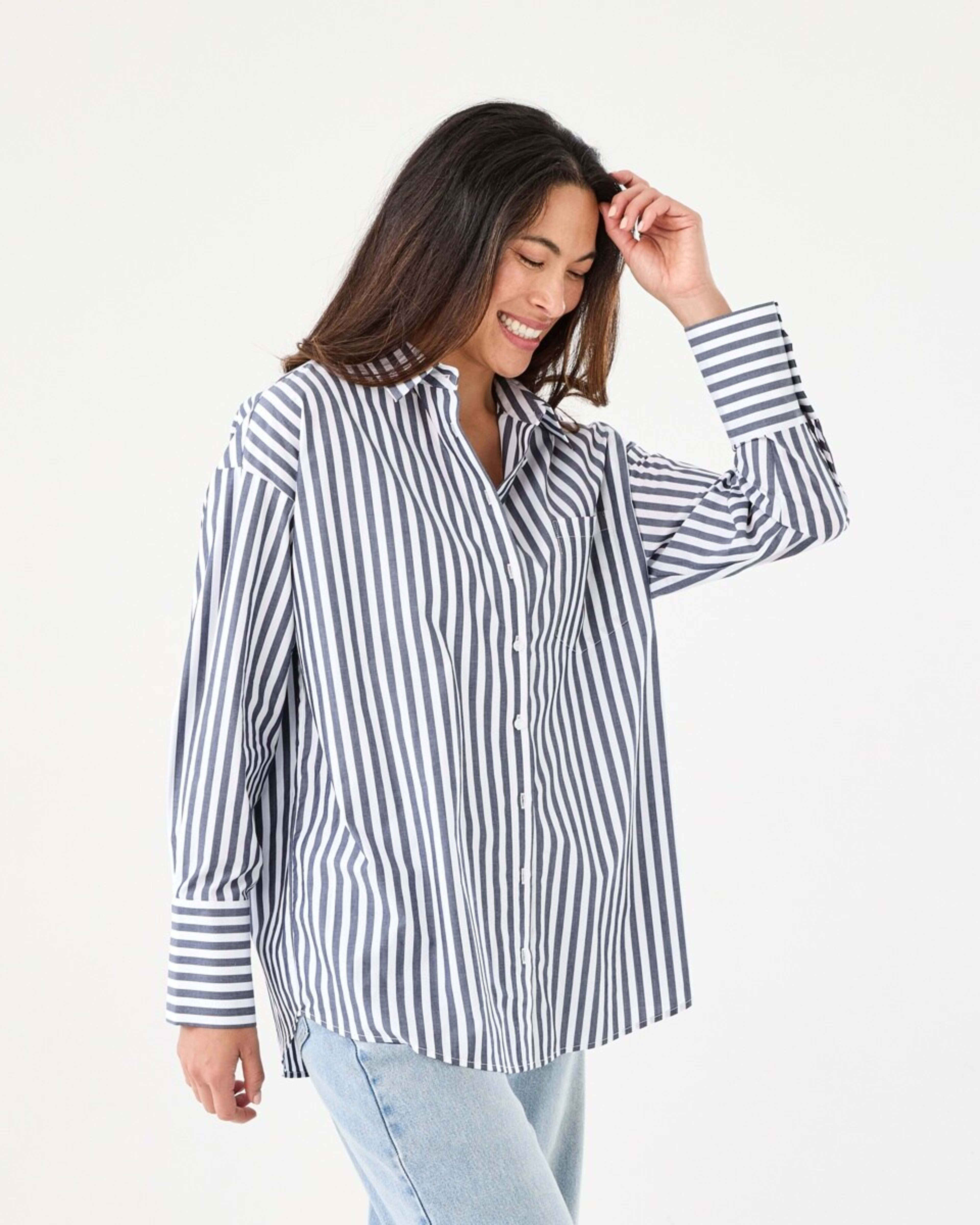 3 Long Sleeve Oversized Cotton Shirt Navy Strpe, 3 of 8