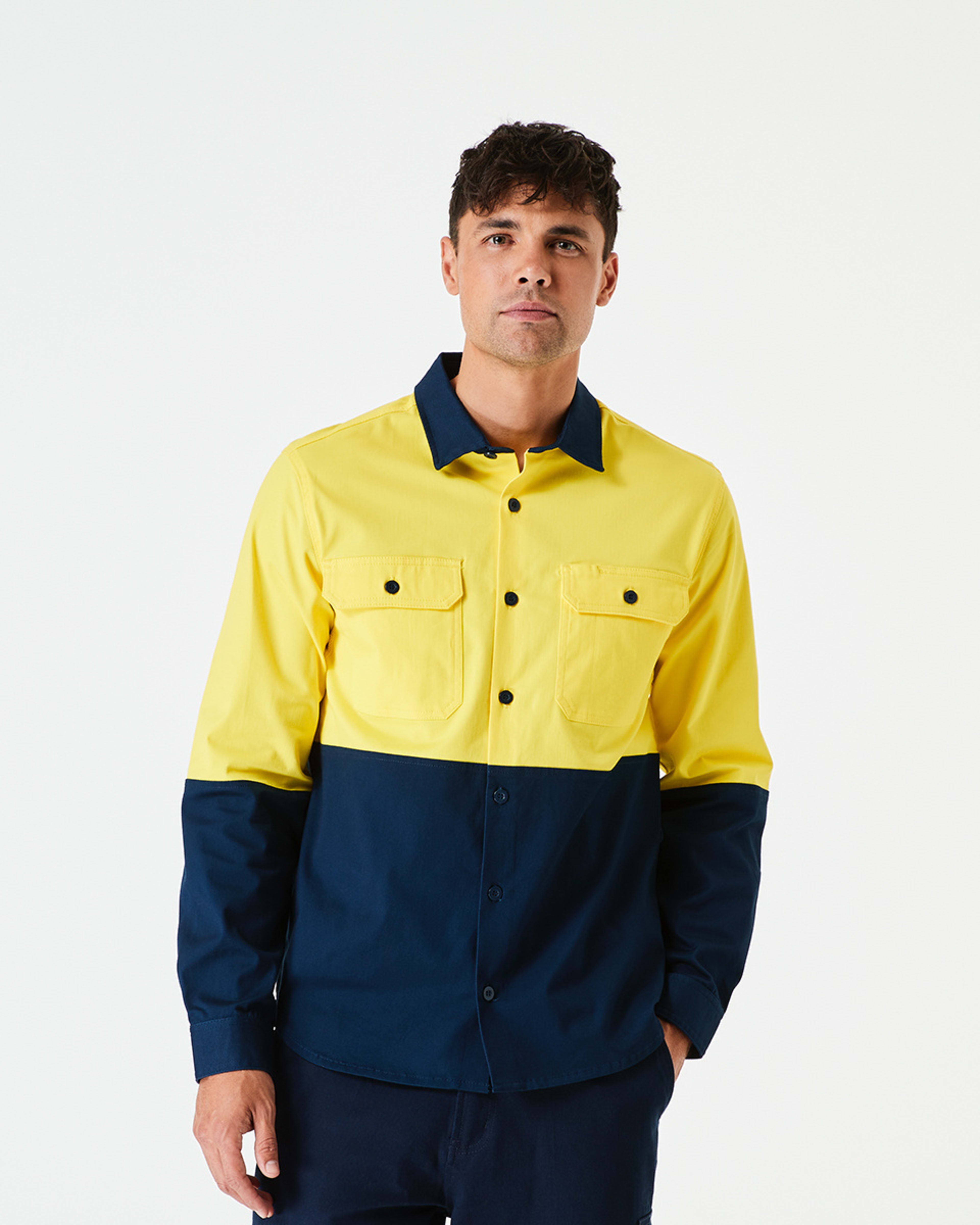 1 Workwear Long Sleeve Hi-Visibility Stretch Shirt SAFETY YELLOW, 1 of 5