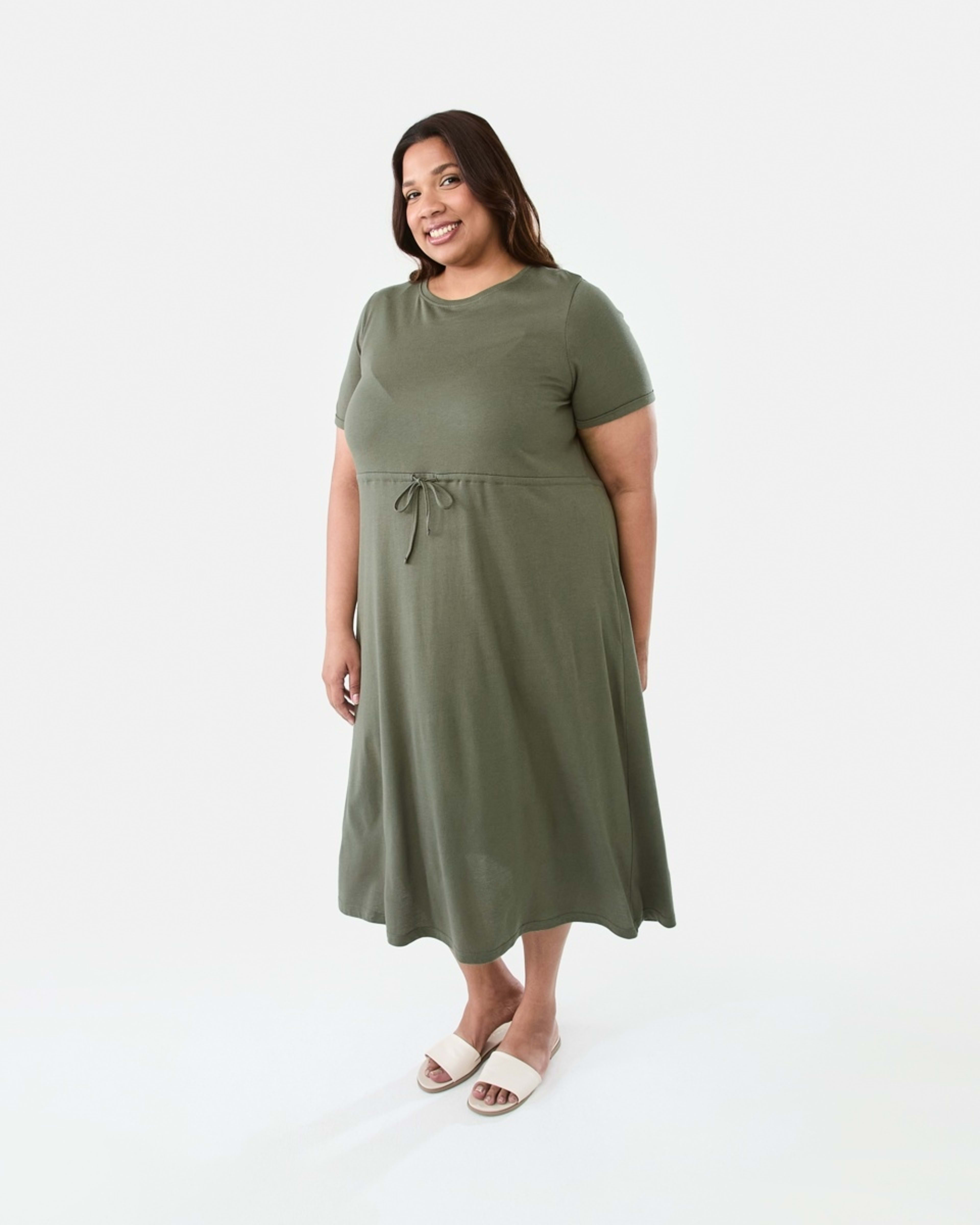 2 Curve Short Sleeve Waist Tie Midi Dress Grn Olive, 2 of 7