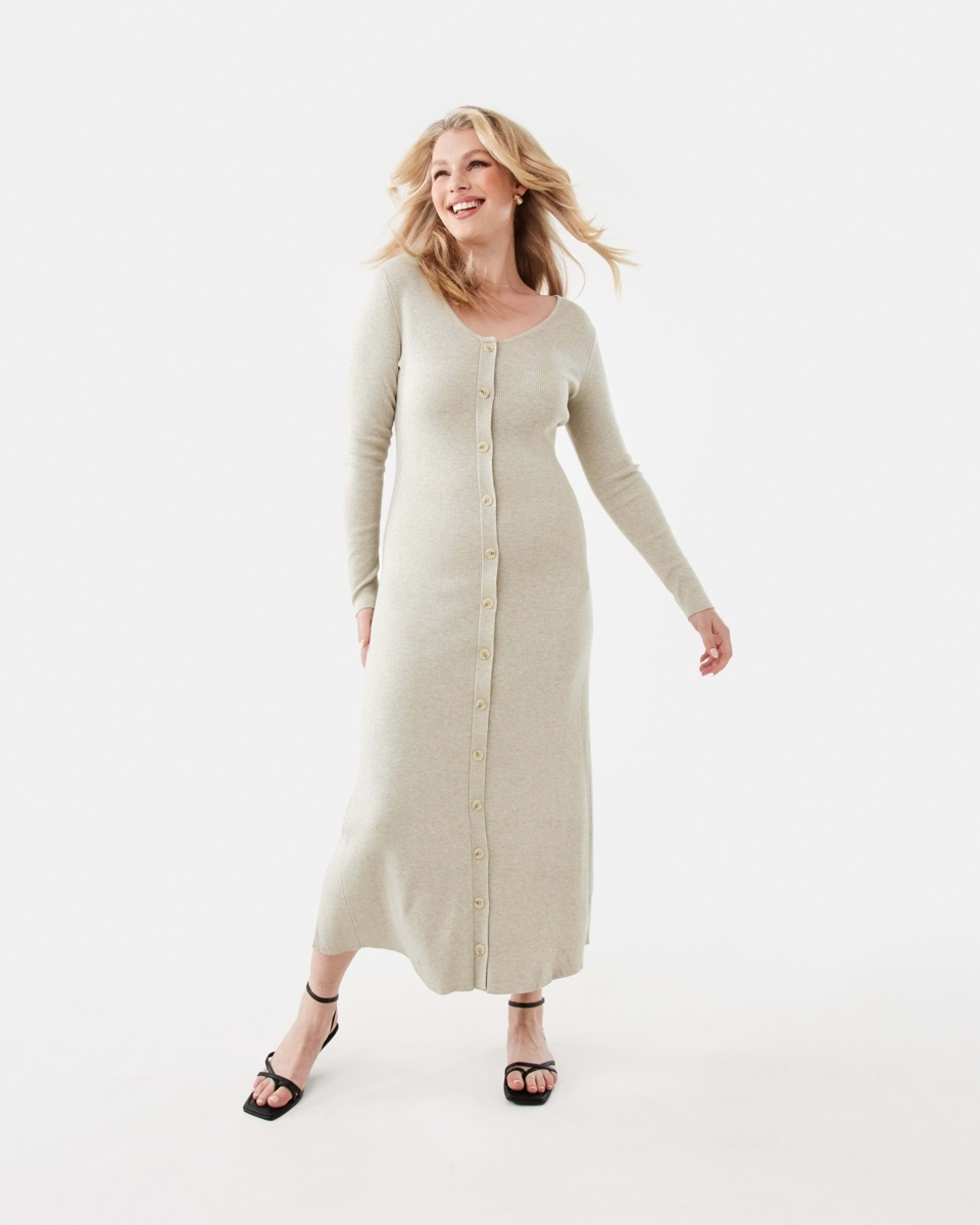 1 Long Sleeve Button Through Knit Maxi Dress Beige Marl, 1 of 6