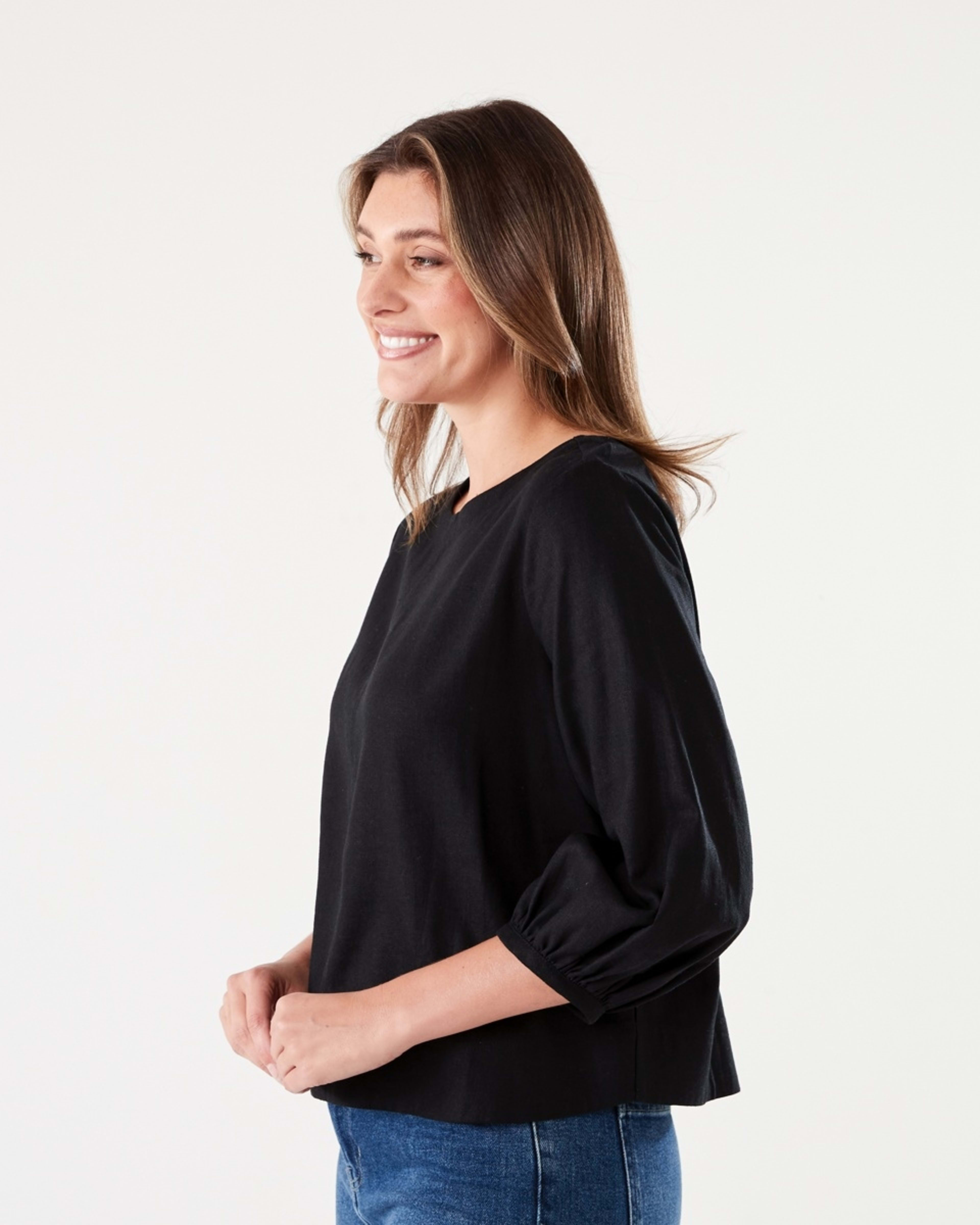 2 Long Sleeve Linen Blend Top BLACK, 2 of 6
